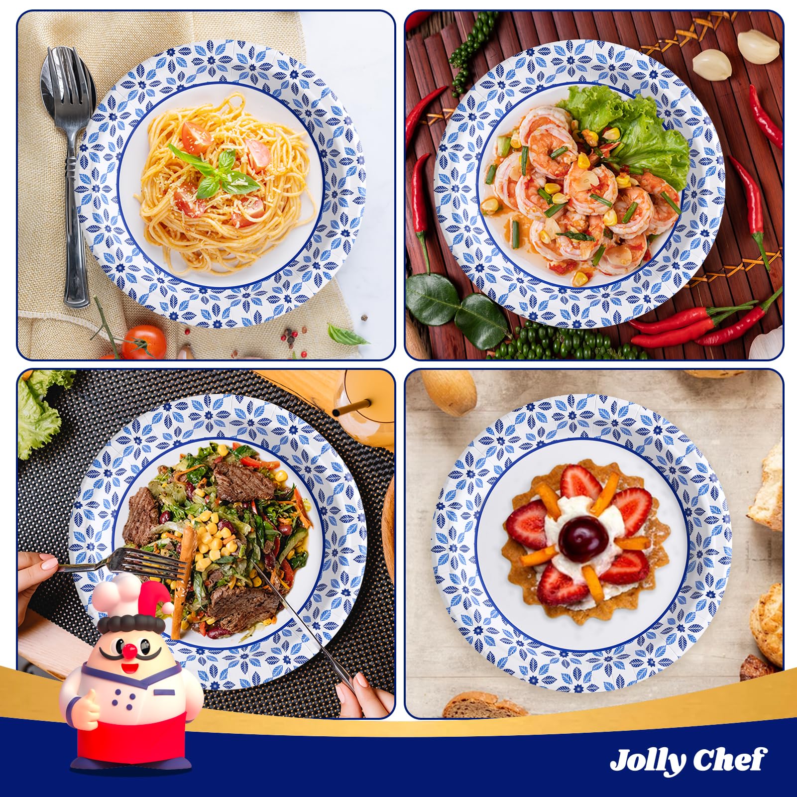 JOLLY CHEF 8.37 inch Paper Plates 280 Count Soak Proof  Cut Proof  Microwave Safe Heavy Duty Printed Disposable Plate for Everyday Use