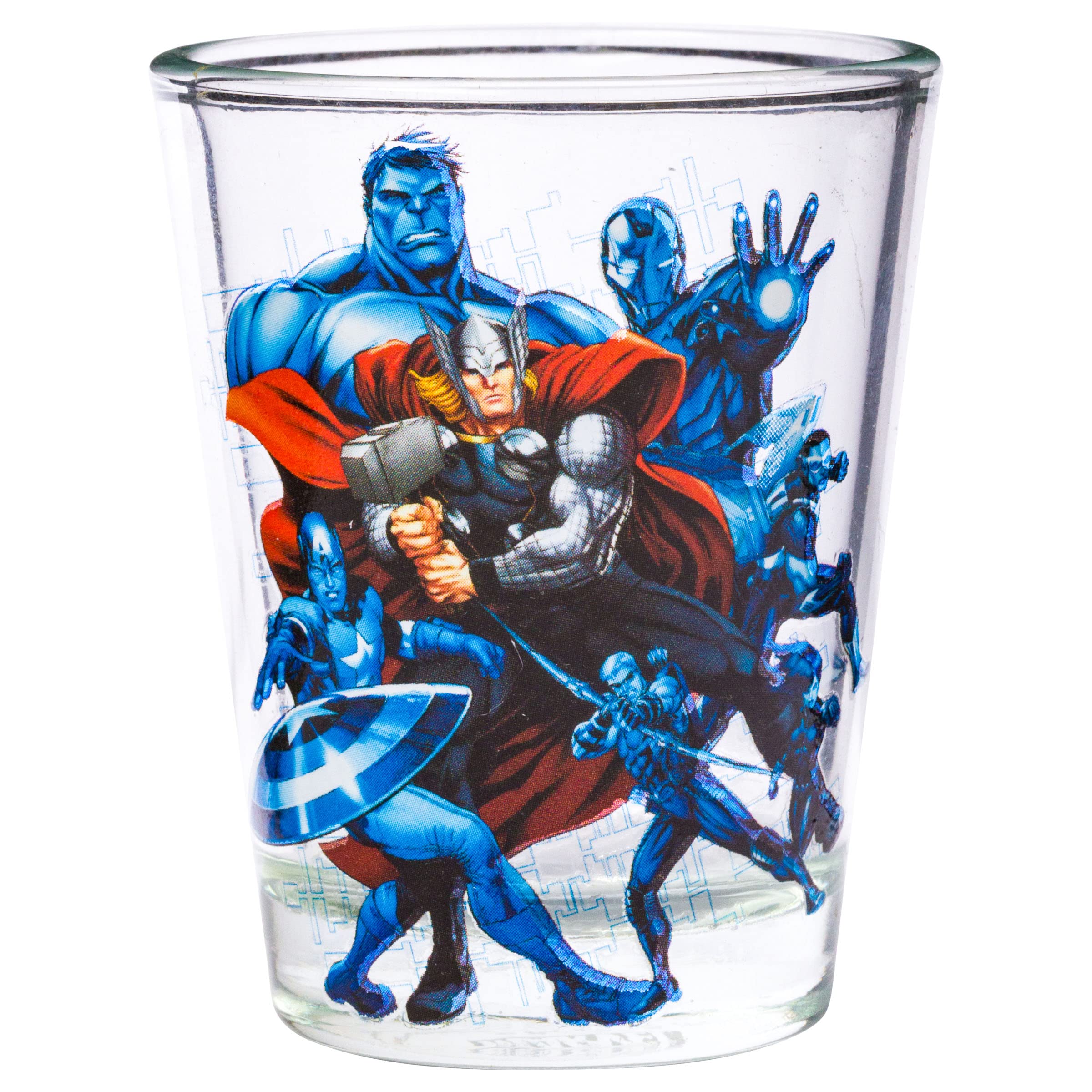 Silver Buffalo Marvel Team Avengers 4Pc Clear Mini Glass Set, 1.5 Ounces
