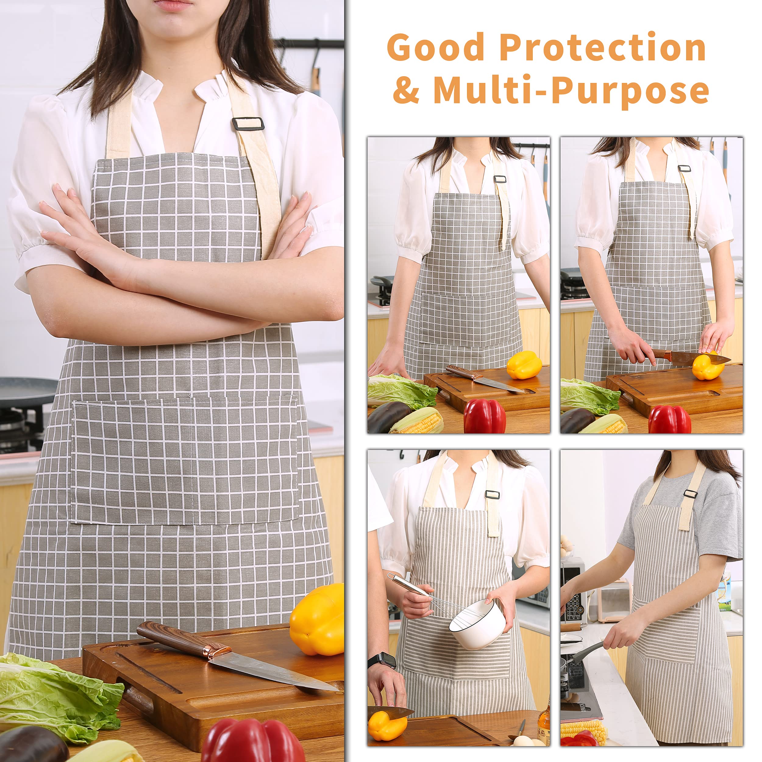 Tosewever 2 Pieces Kitchen Cooking Aprons, Waterproof Linen Adjustable Bib Aprons With 2 Pockets For Women Men Chef (Grey Stripe