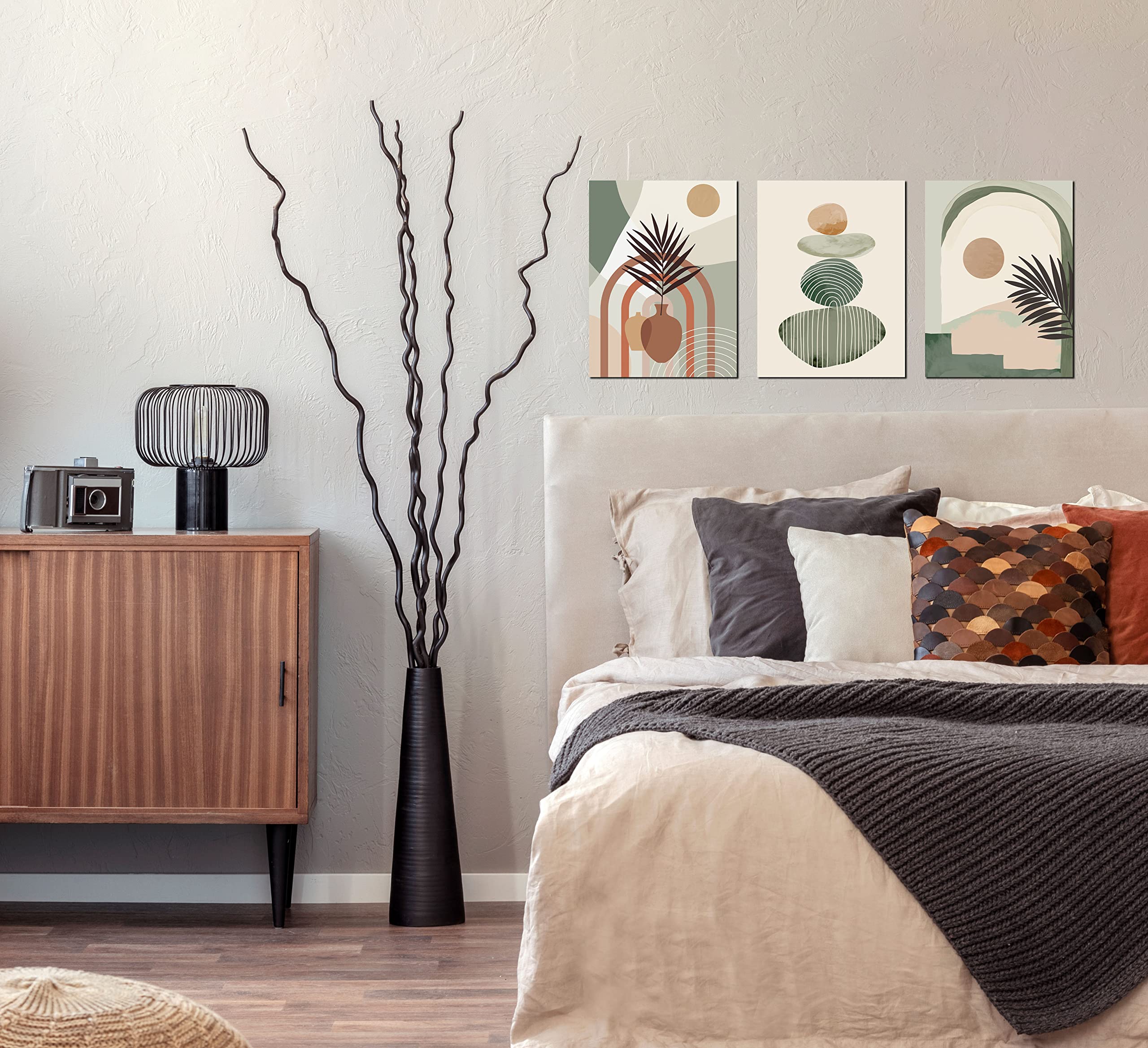 Zhaoshop Boho Art Wall-Decor - Green Canvas Wall Art For Bedroom - 3 Piece Wall Art Decor Stretched And Framed Ready To Hang Siz