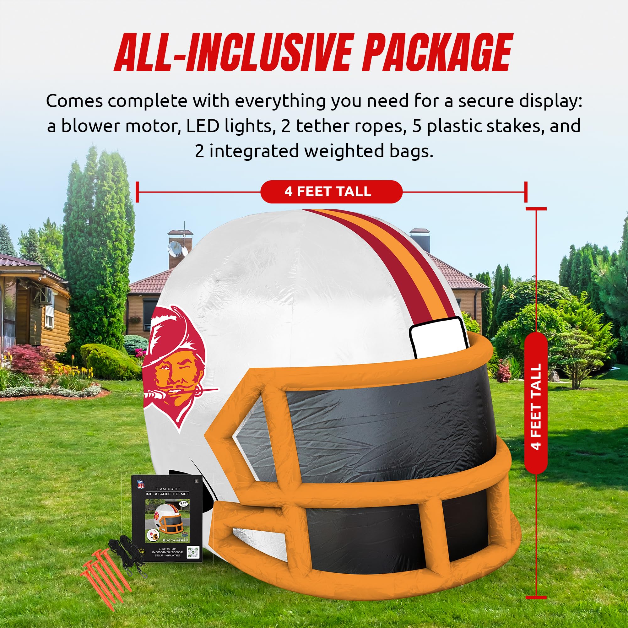 Sporticulture NFL Tampa Bay Buccaneers 4ft Inflatable Retro Helmet with LED Lights & Built-in Blower - Merchandise Decor Ideal f