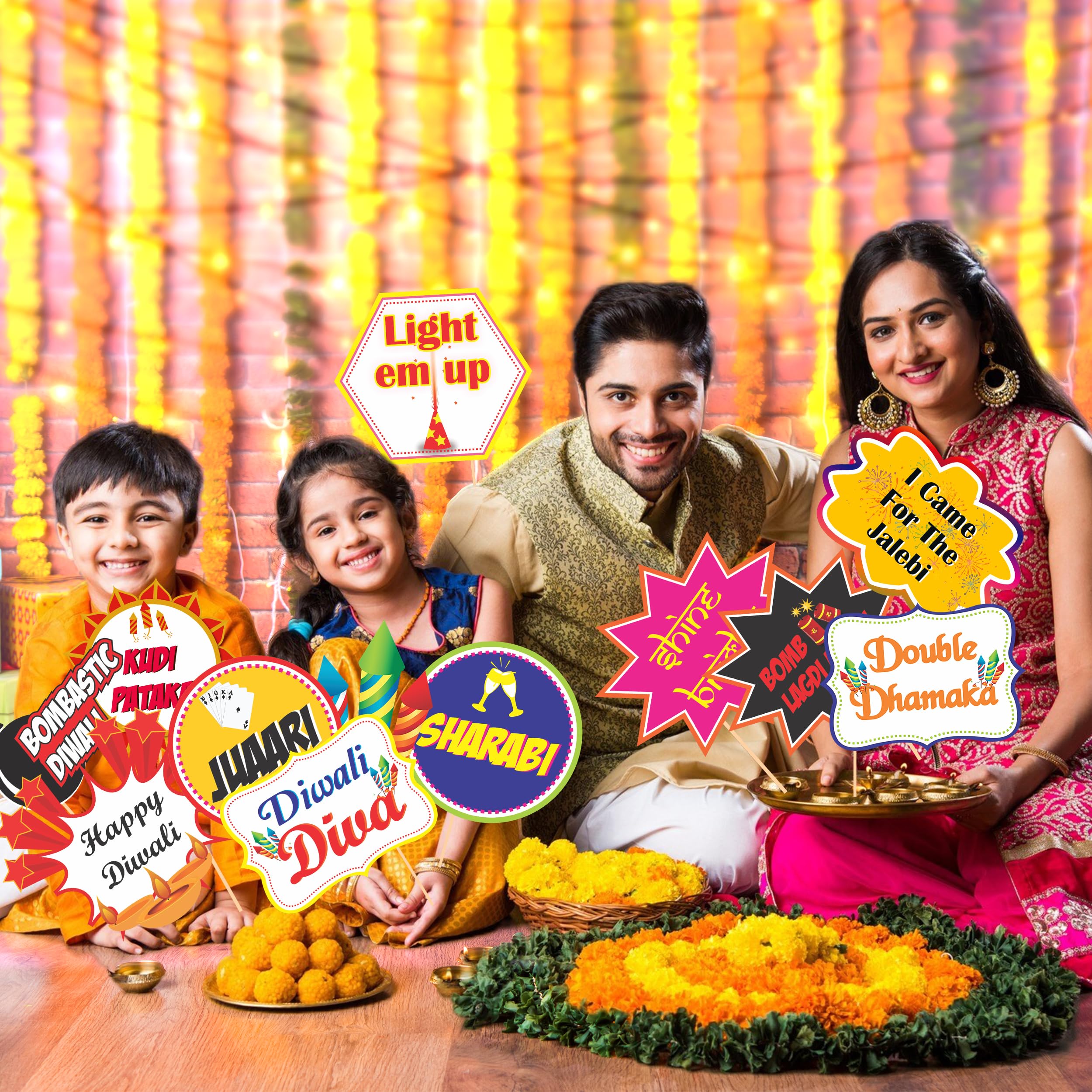 Untumble Diwali Photo Booth Props for Diwali Party (Pack of 12)
