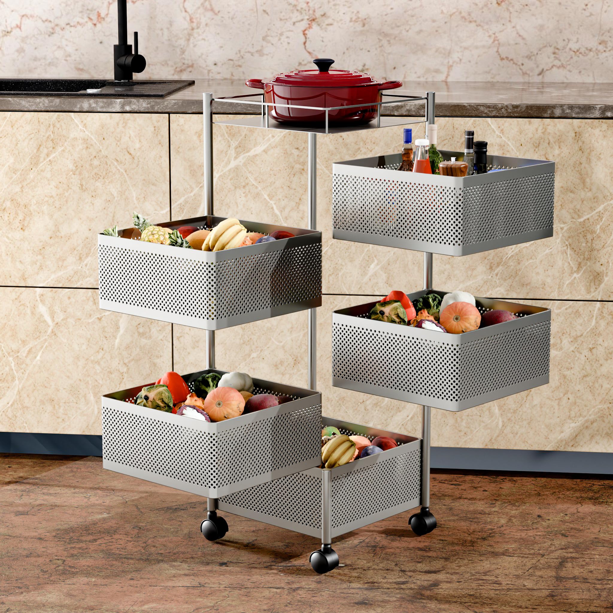 TexRo Kitchen Trolley With Wheels | 5Layer Metal Vegetable Basket Stand & Kitchen Storage Rack | Multipurpose Kitchen Organize