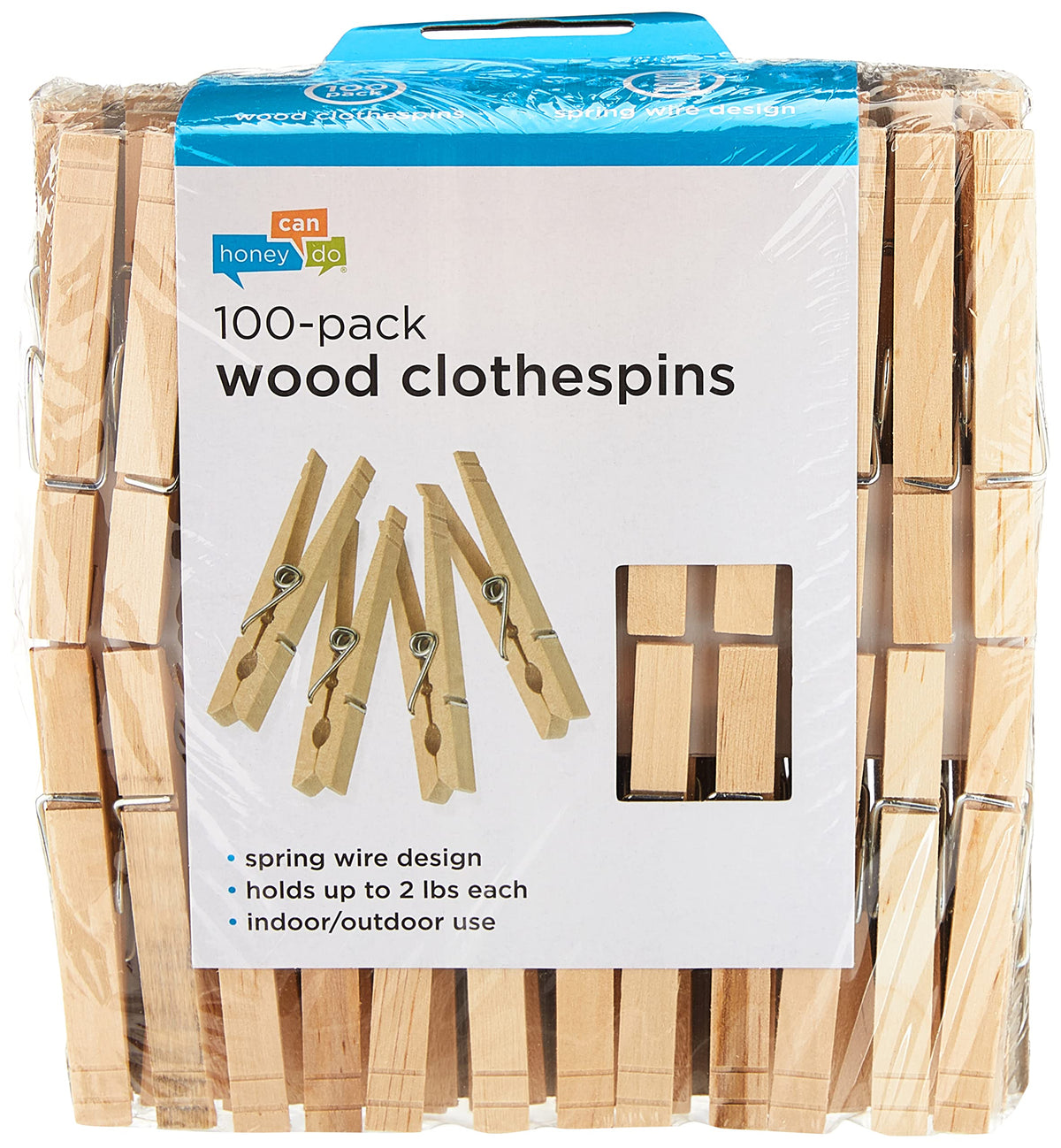 Honey-Can-Do Dry-01376 Wood Clothespins With Spring, 3.3-Inches Length,Brown, Medium, 100-Pack