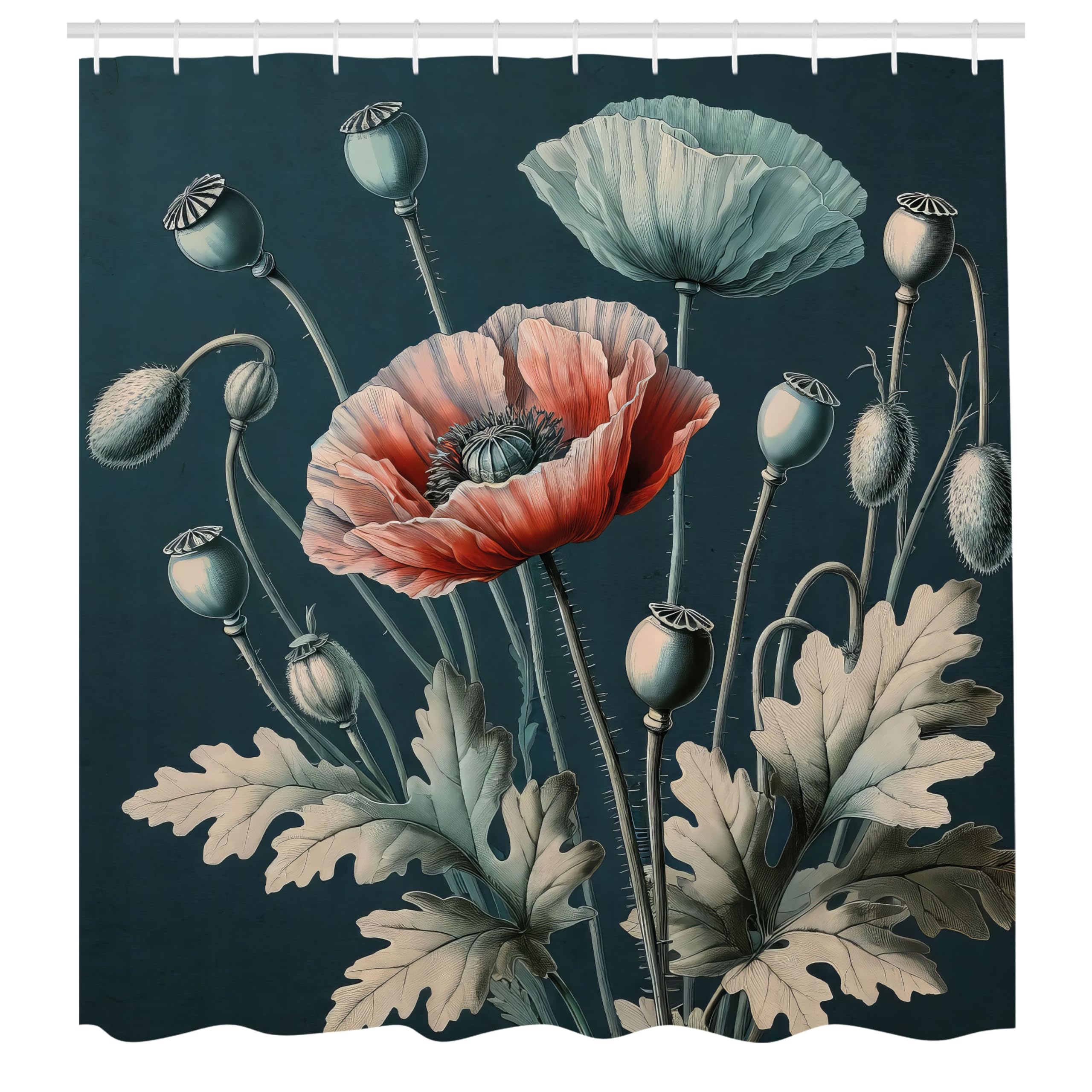 Ambesonne Vintage Shower Curtain, Jungle Greenery Leaves Detail Blooming Poppy Flowers With Nostalgia Tones, Cloth Fabric Bathro