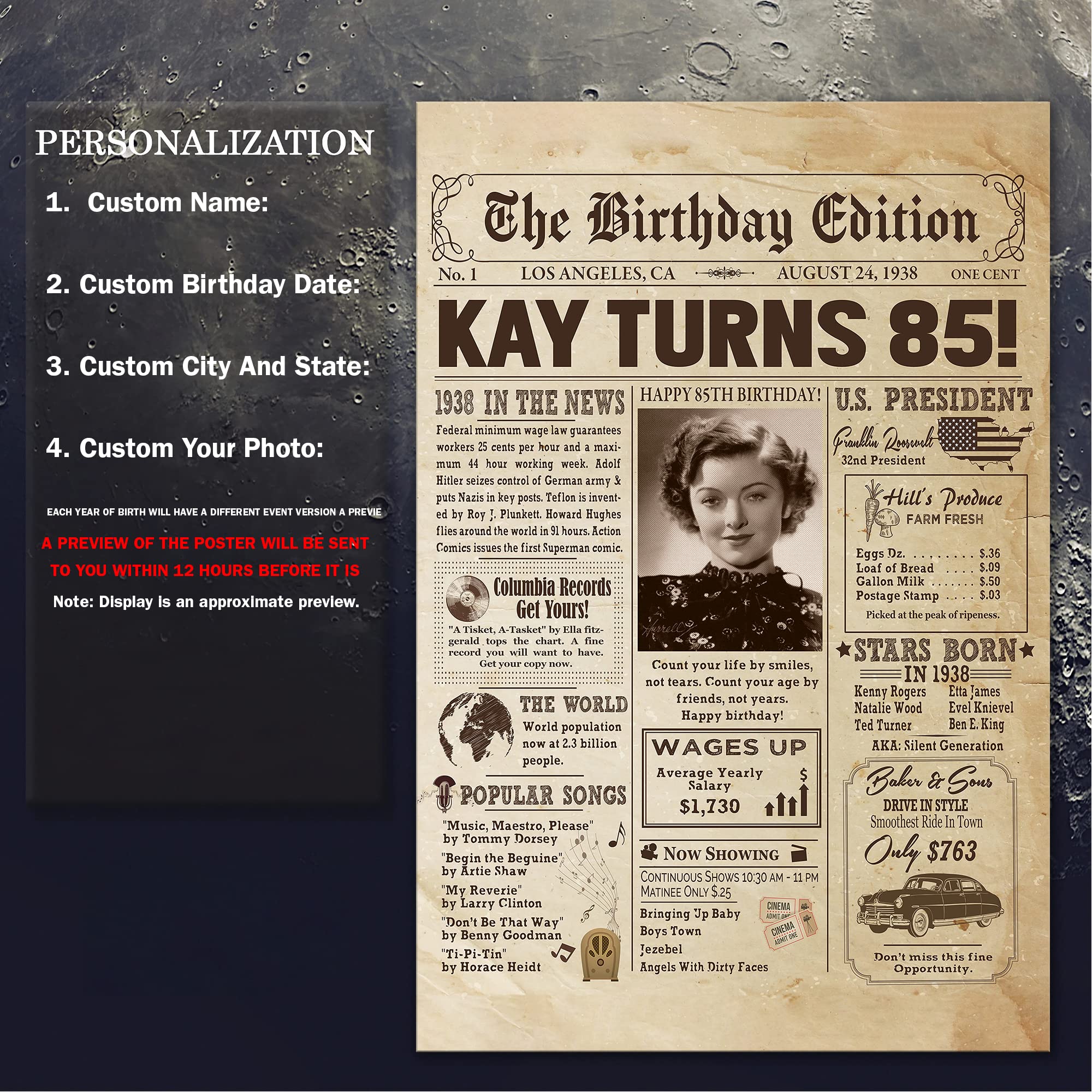 Personalized 85Th Birthday Newspaper Poster No Frame, Canvas Back In 1938 Gifts Idea Birthday, Anniversary, Custom Photo Birthda