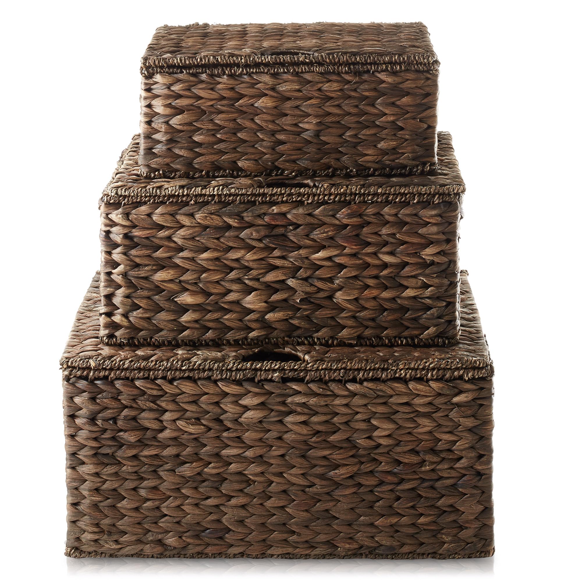 Casafield Set Of 3 Water Hyacinth Rectangular Storage Baskets With Lids (Small/Medium/Large), Multipurpose Decorative Shelf Orga