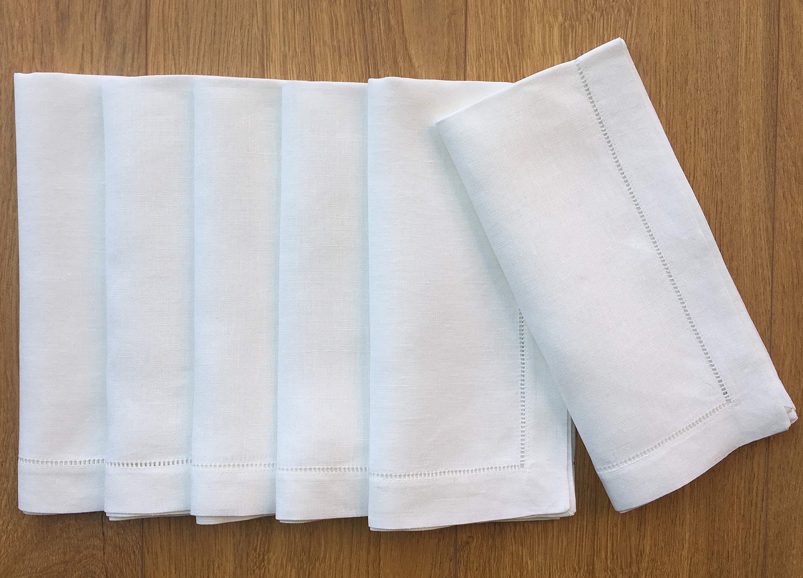 White Linen Hem Stitch Dinner Napkins - Set Of 6 20''X20''-Ladder Hemstitch 100% Linen Cloth Napkins