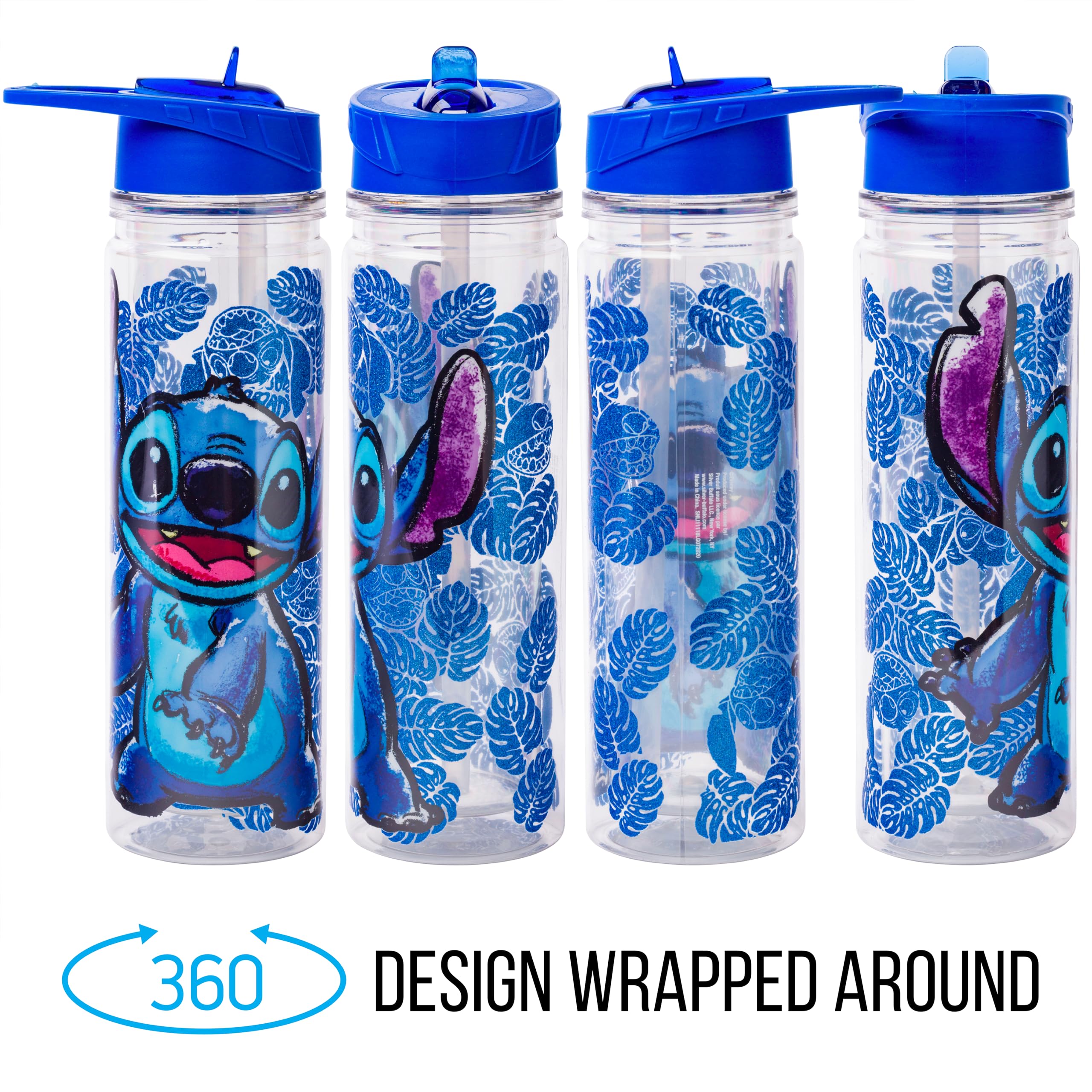 Silver Buffalo Lilo and Stitch Floral Sketch Glitter Double Walled Tritan Water Bottle  18-Ounce