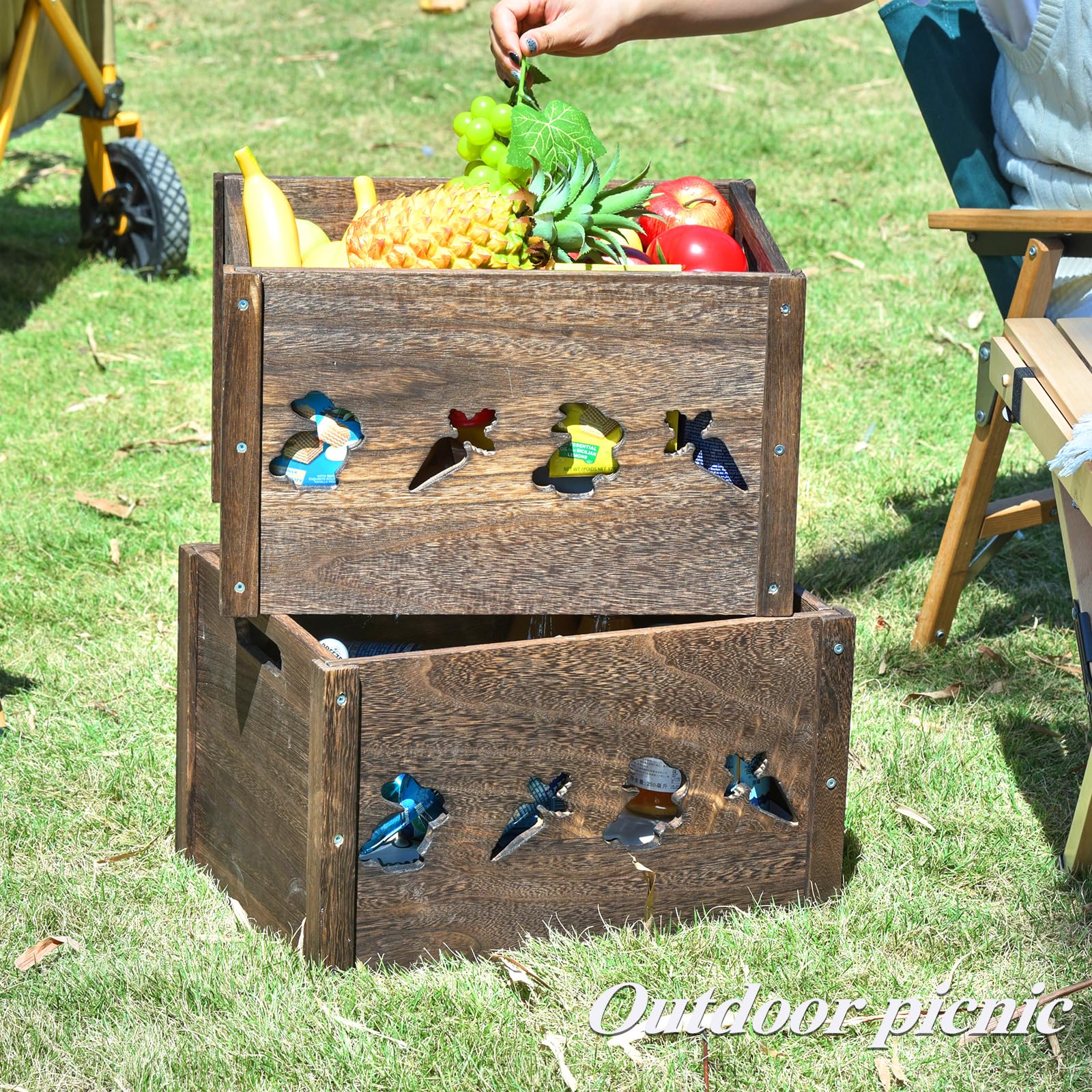 ROSOS Wooden Crates, Farmhouse Wooden Crates for Storage with Carved Cute Patten, Solid Wood Crates for Display, Durable & Handm