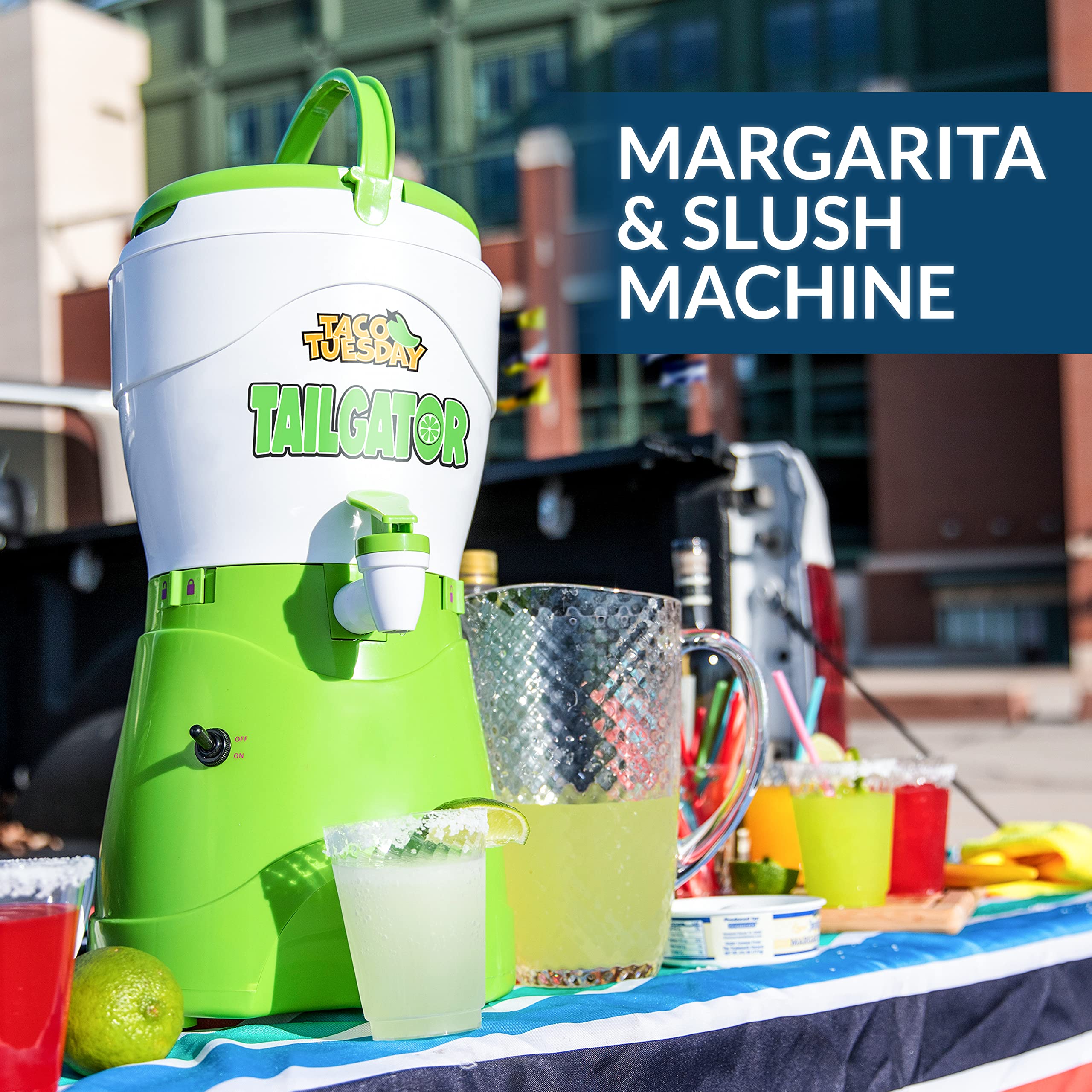 Nostalgia Taco Tuesday Tailgator Margarita Machine - Blender For Smoothies, Margaritas, Daiquiris, And Slushies - White/Lime Gre