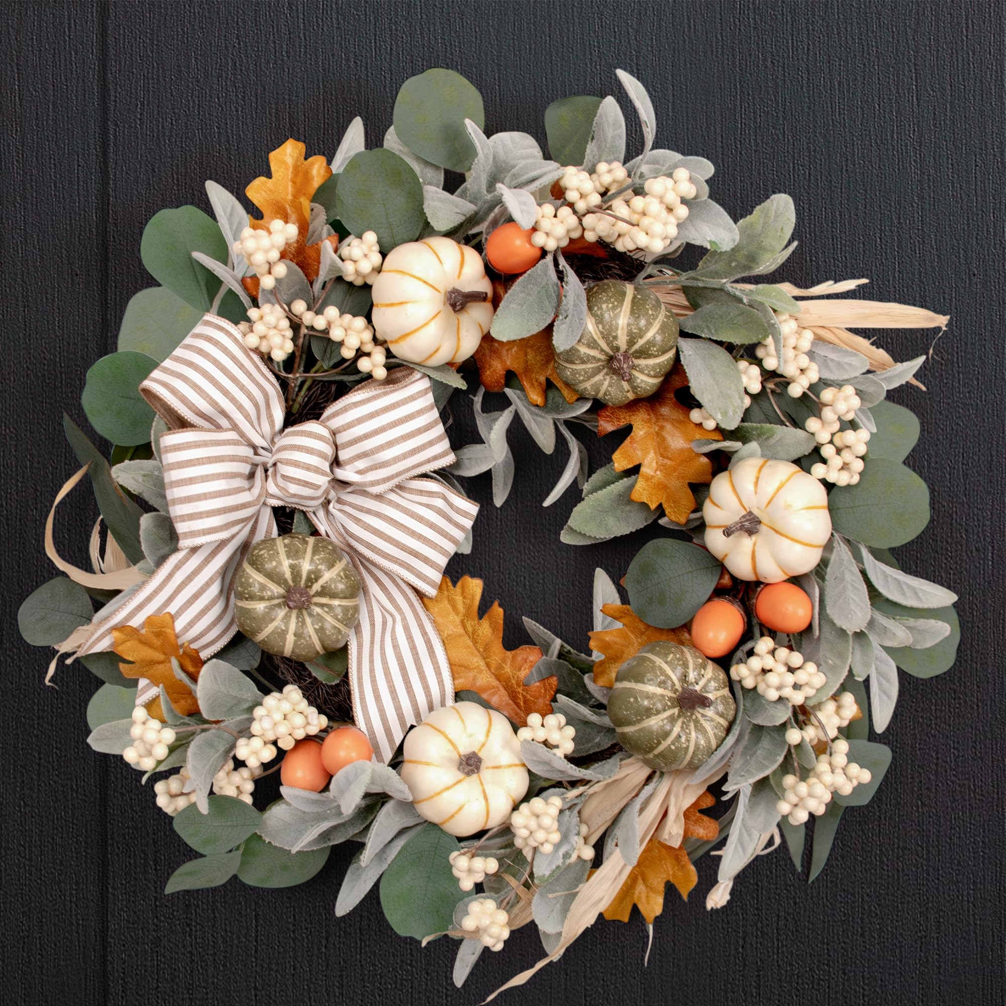 20'' Fall Wreath with Lights, Eucalyptus Pumpkins Autumn Wreaths for Front Door, Fall Decor, Porch Wall, Home Outdoor Holiday De