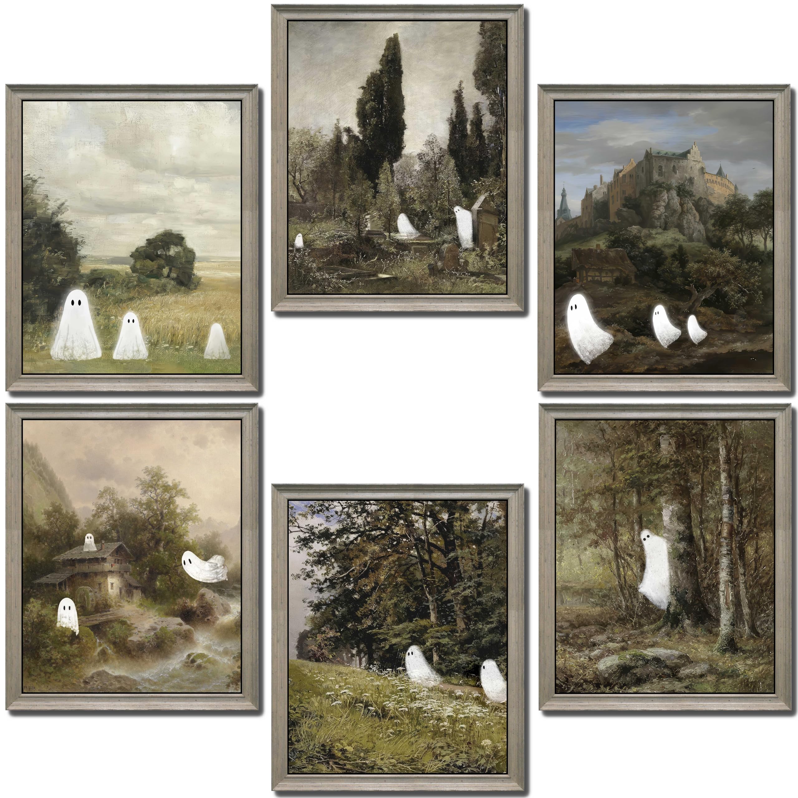 Lanchi95 6 Pcs 8X10In Halloween Decor, Ghost Decor, Halloween Wall Art Prints, Vintage Halloween Posters Decor, Cute Ghost Decor