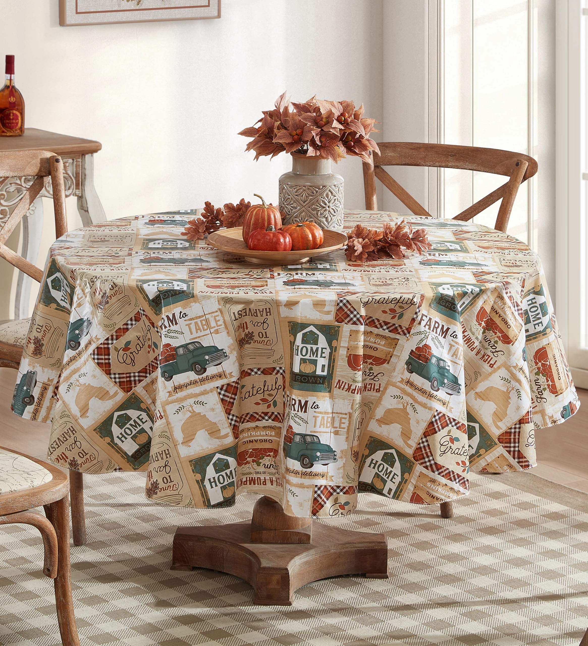 Newbridge Teal Blue Brookside Autumn Farmyard Vinyl Flannel Backed Tablecloth, Farm To Table Thanksgiving Fall Cottage Harvest W