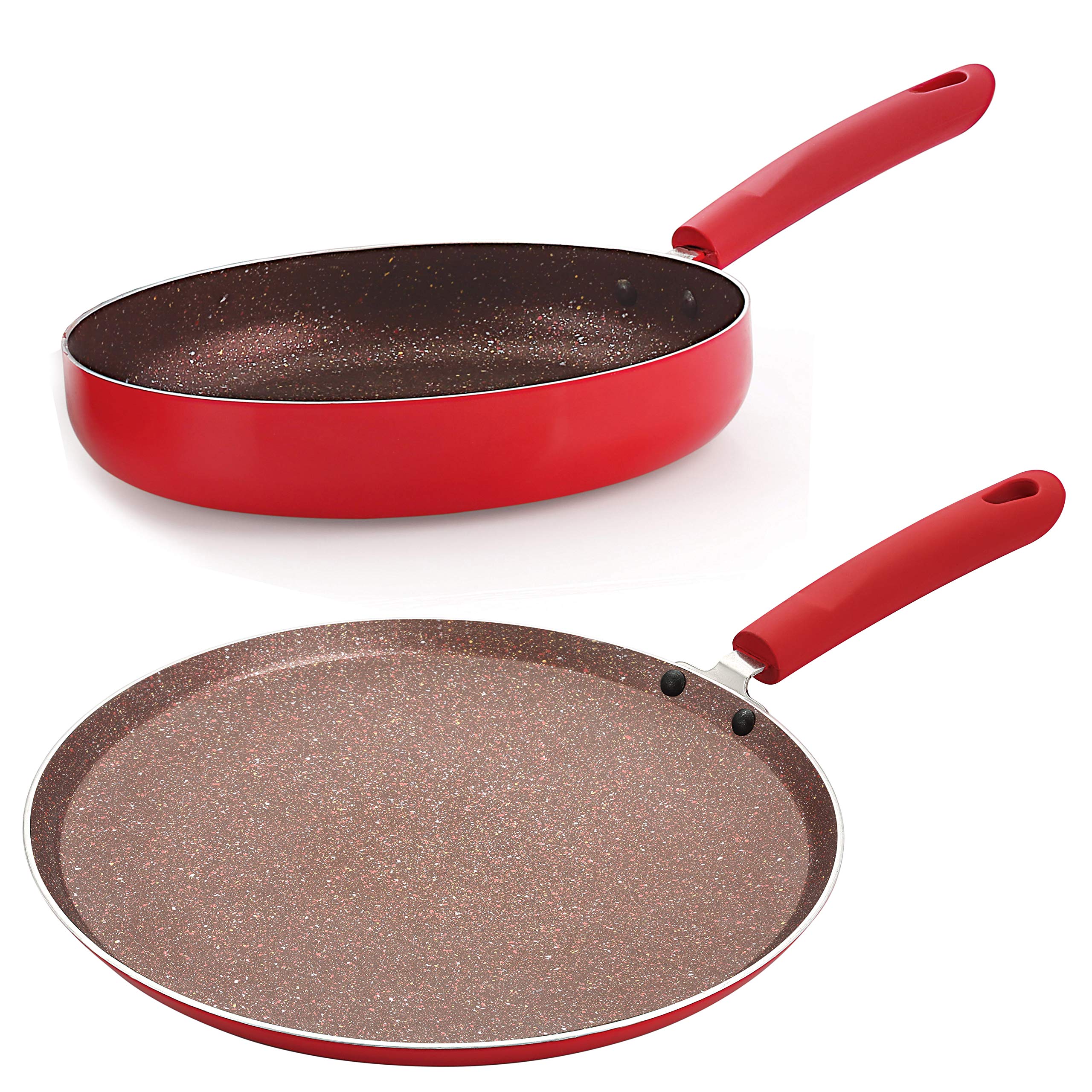 Nirlon Red Stone 2Piece Aluminium Non Stick Dishwasher Safe Induction Cookware Set (1 Flat Dosa Tawa 260Mm|1 Fry Pan 240Mm  1.