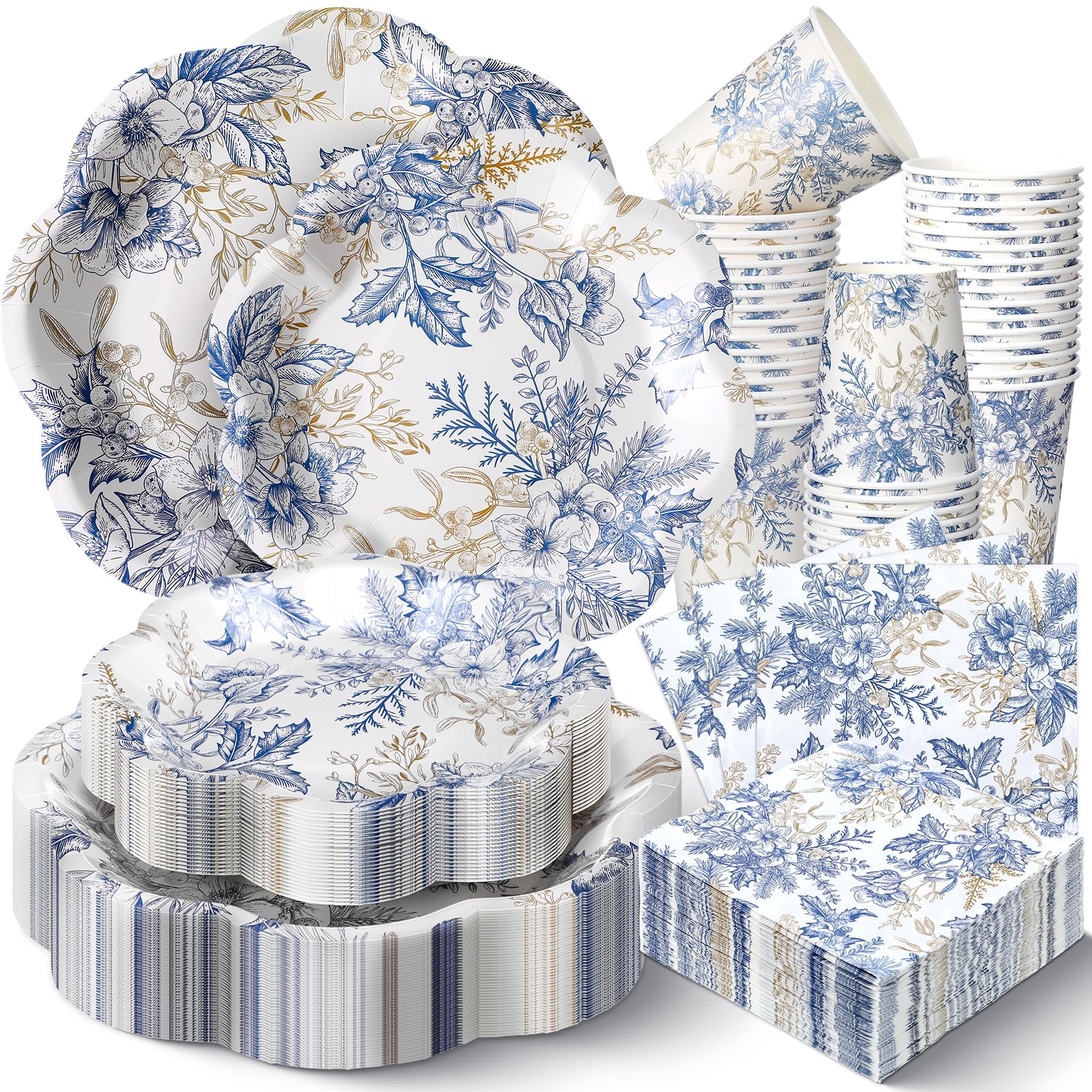Newtay 250 Pcs Blue Floral Disposable Plates and Napkins Blue Gold Disposable Tableware Set for 50 Guests Paper Plates Napkins C