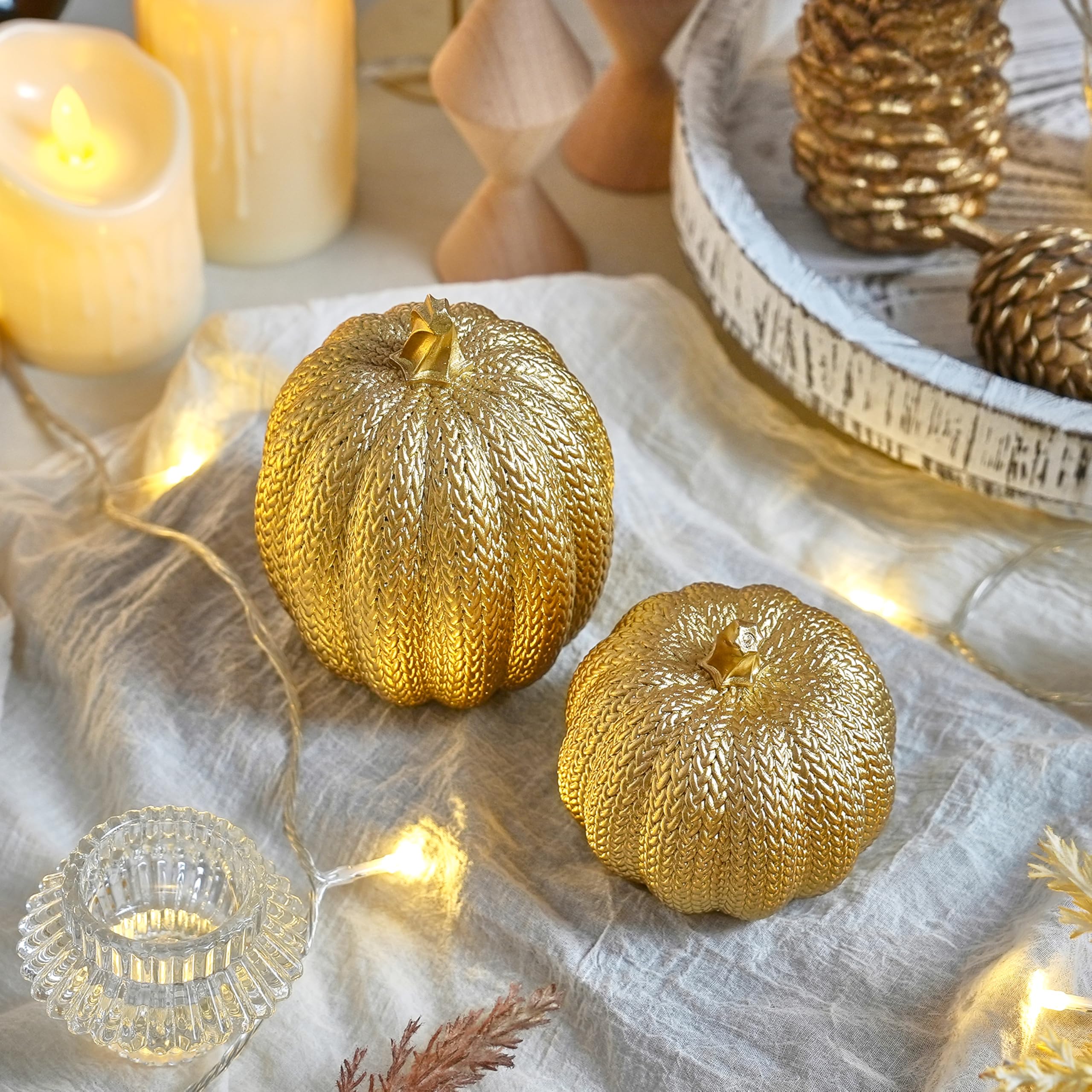 FESTGLOX Pumpkin Fall Decor Indoor - Gold Pumpkin for Decorating, 2Pcs Resin Pumpkins Decor with Woven Effect, Thanksgiving Tabl