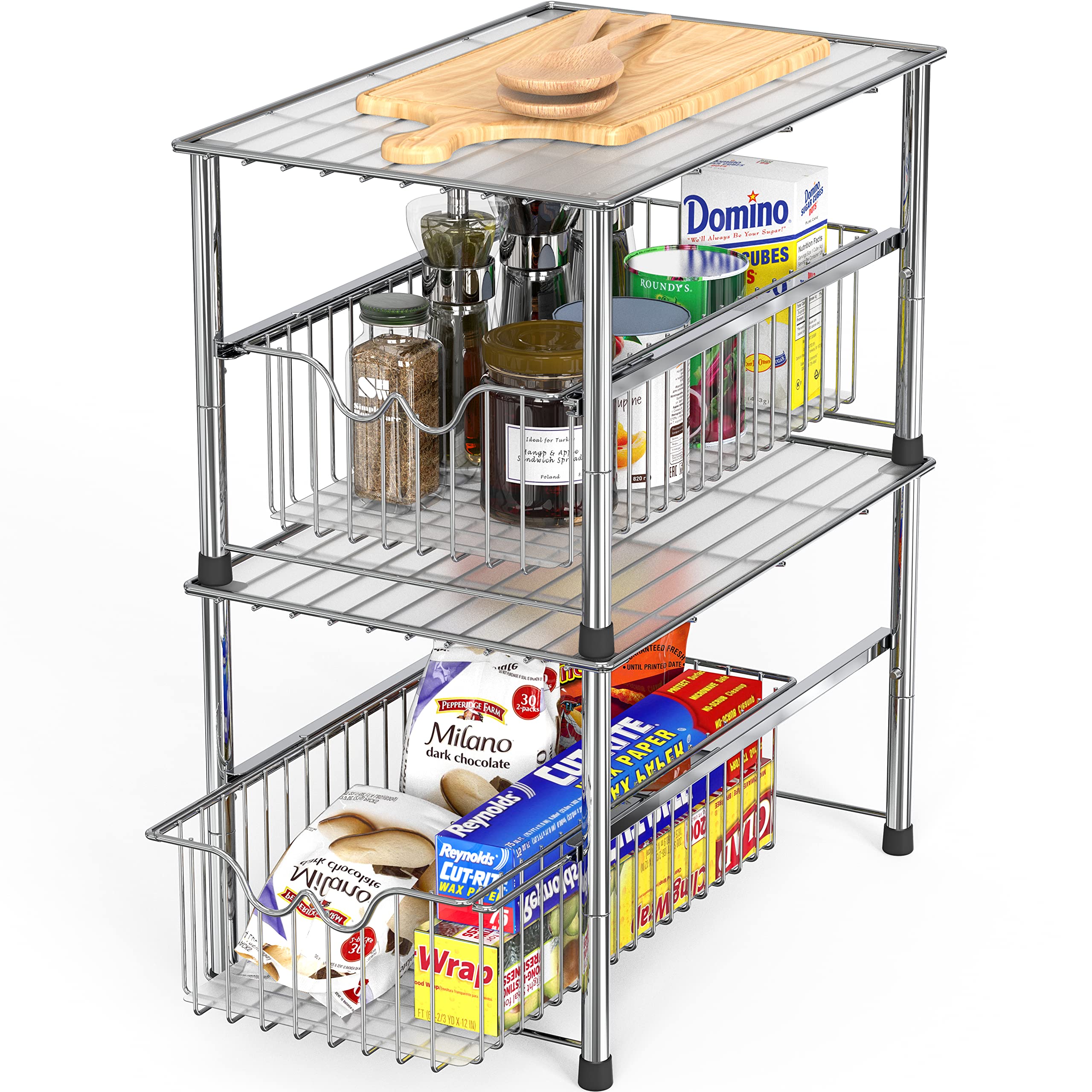 Deco Brothers Stackable Under Sink Organizer - Chrome Alloy Steel with Sliding Basket, Model BK-020-1