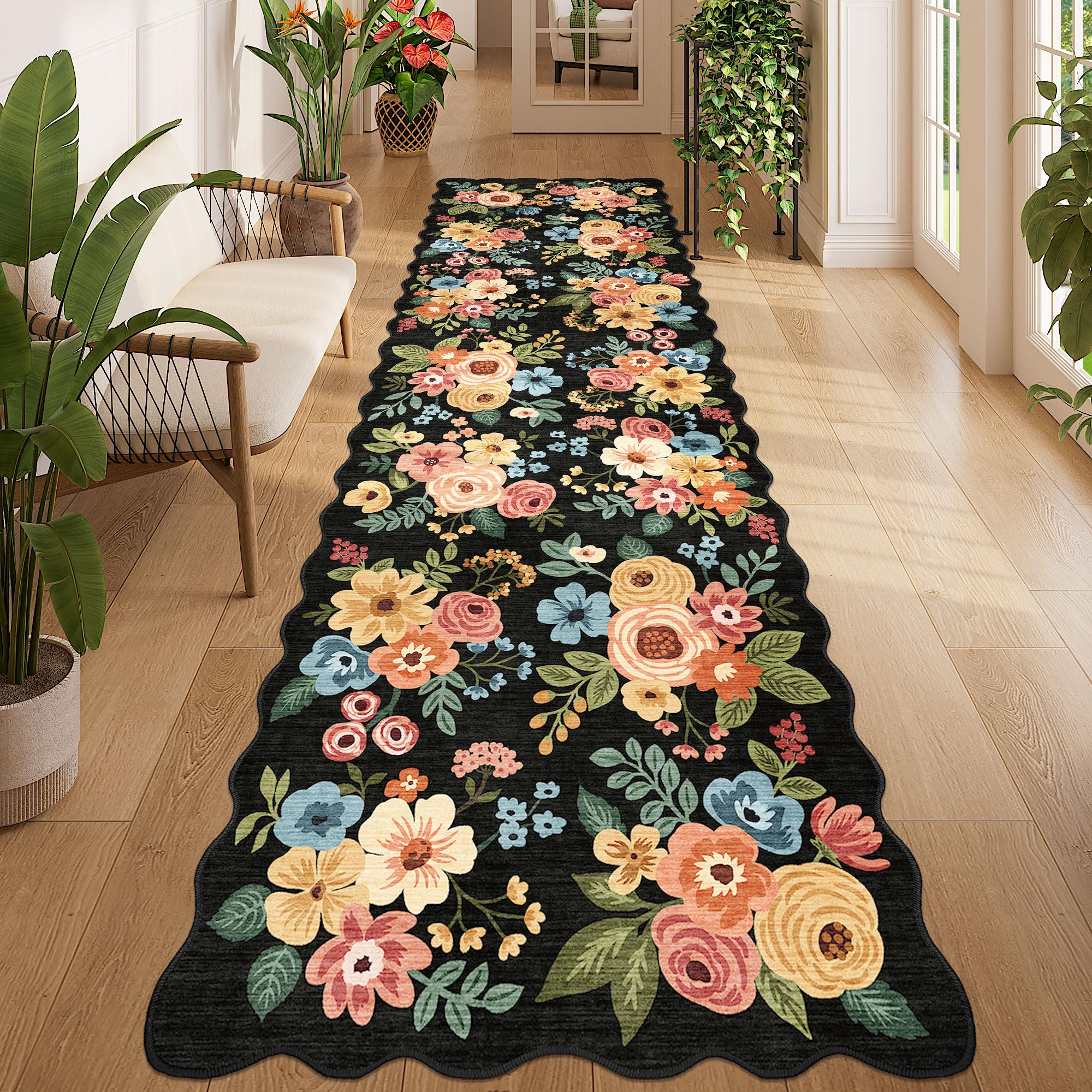 DUKINO 3x10 Washable Runner Rug, Non Slip Floral Ultra Soft Runner for Hallway, Lightweight Low Pile & Stain Resistant Long Thro