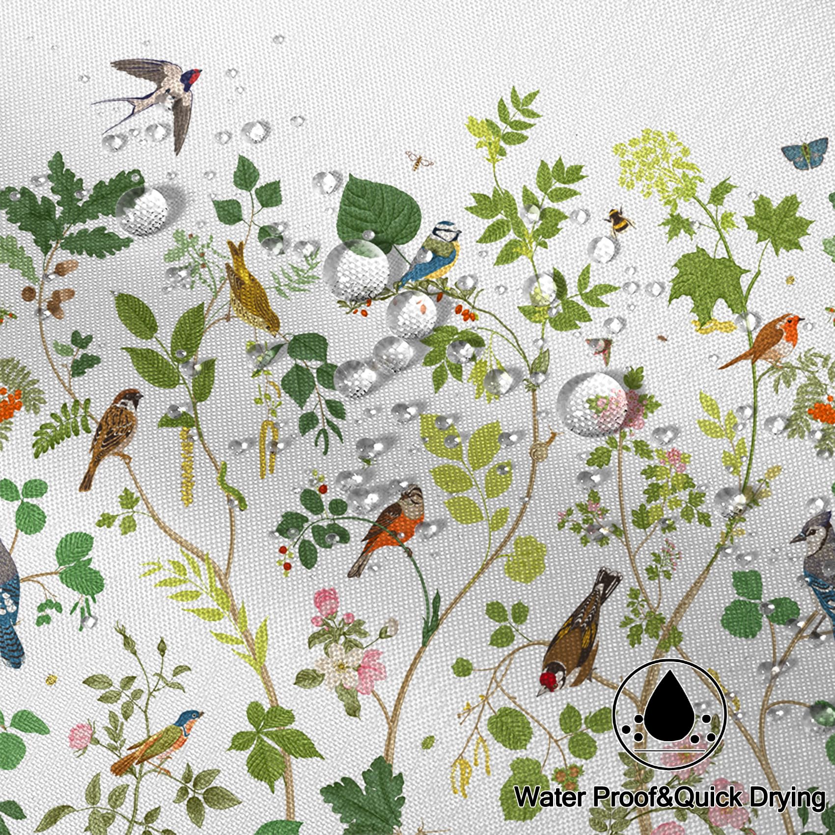 Yanutan Birds With Green Plants Shower Curtain, Animals Green Leaves White Shower Curtain Set For Bathroom, Lively Birds Fabric