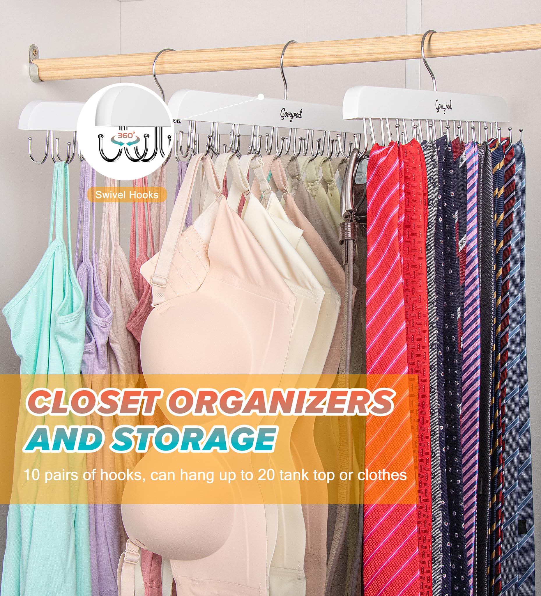 Bra Hanger For Closet, 1 Pack Tank Top Hanger W/20 Hooks Capacity Foldable Wood Space Saving Hangers, 360Rotating Closet Organiz