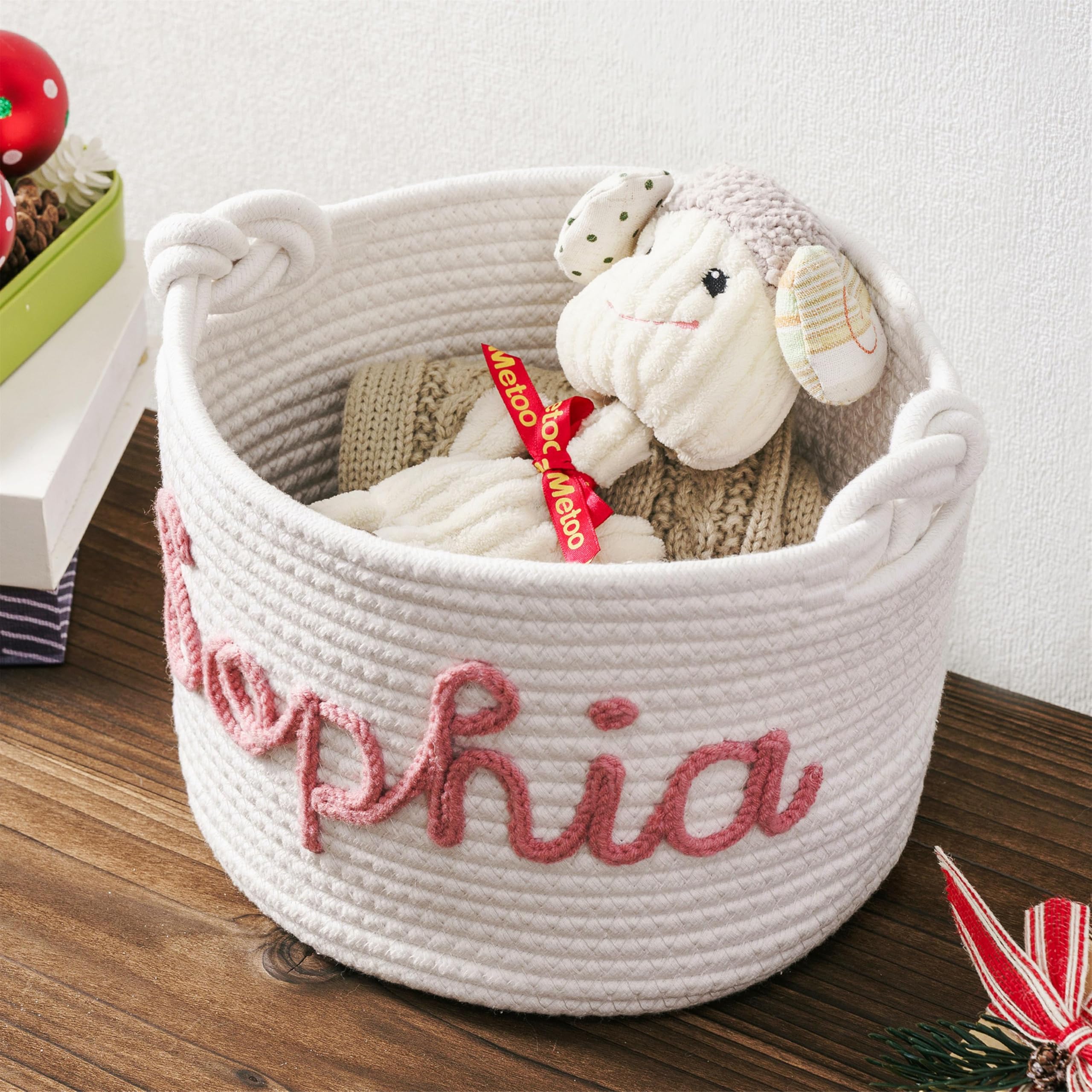 JUPPE Personalized Baby Shower Basket Gift, Baptism Gift Toys and Storage Organizer Custom Baby Boy Girl Name Cotton Rope Basket