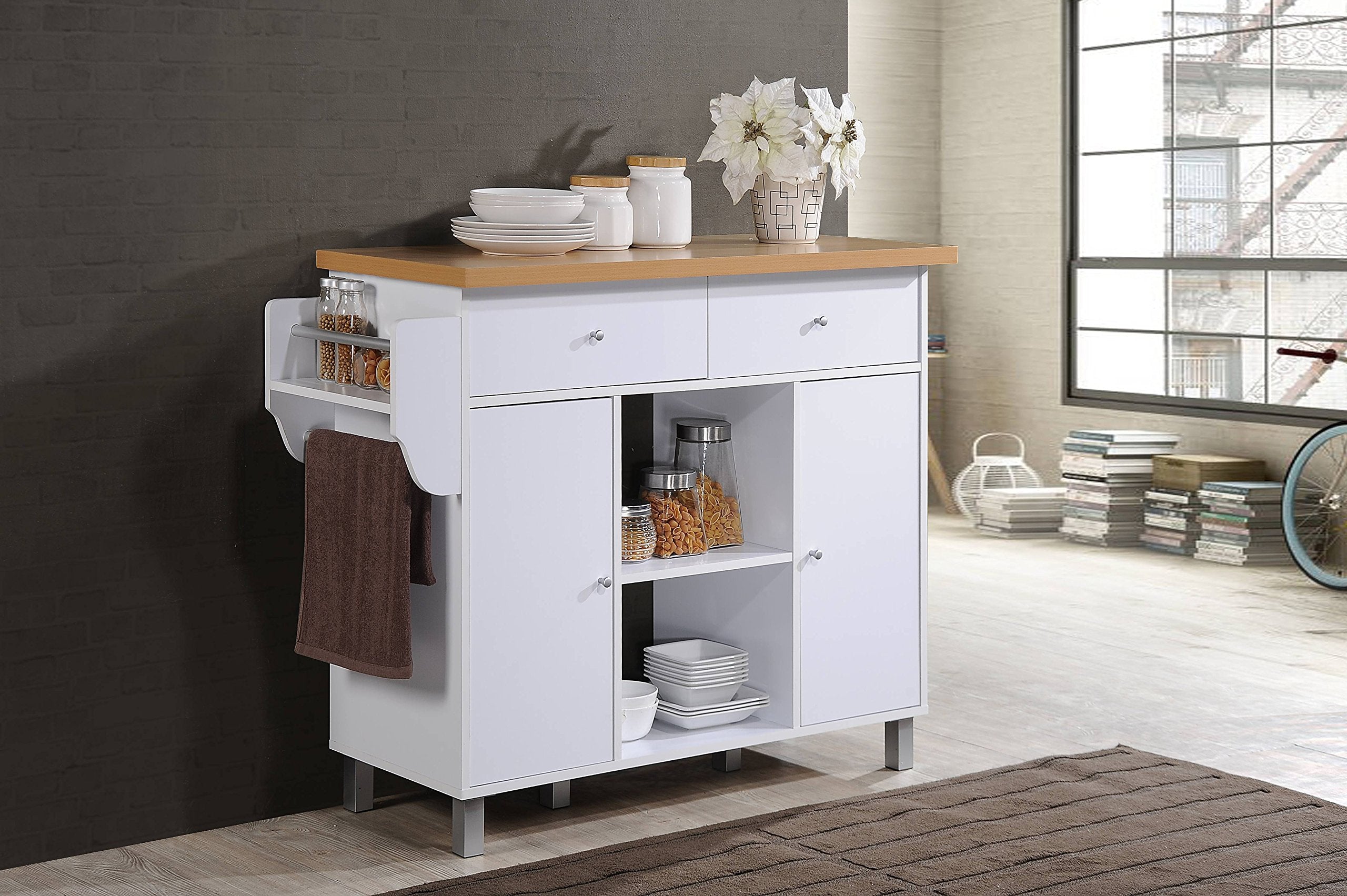 Hodedah Kitchen Island with Spice Rack plus Towel Holder in White