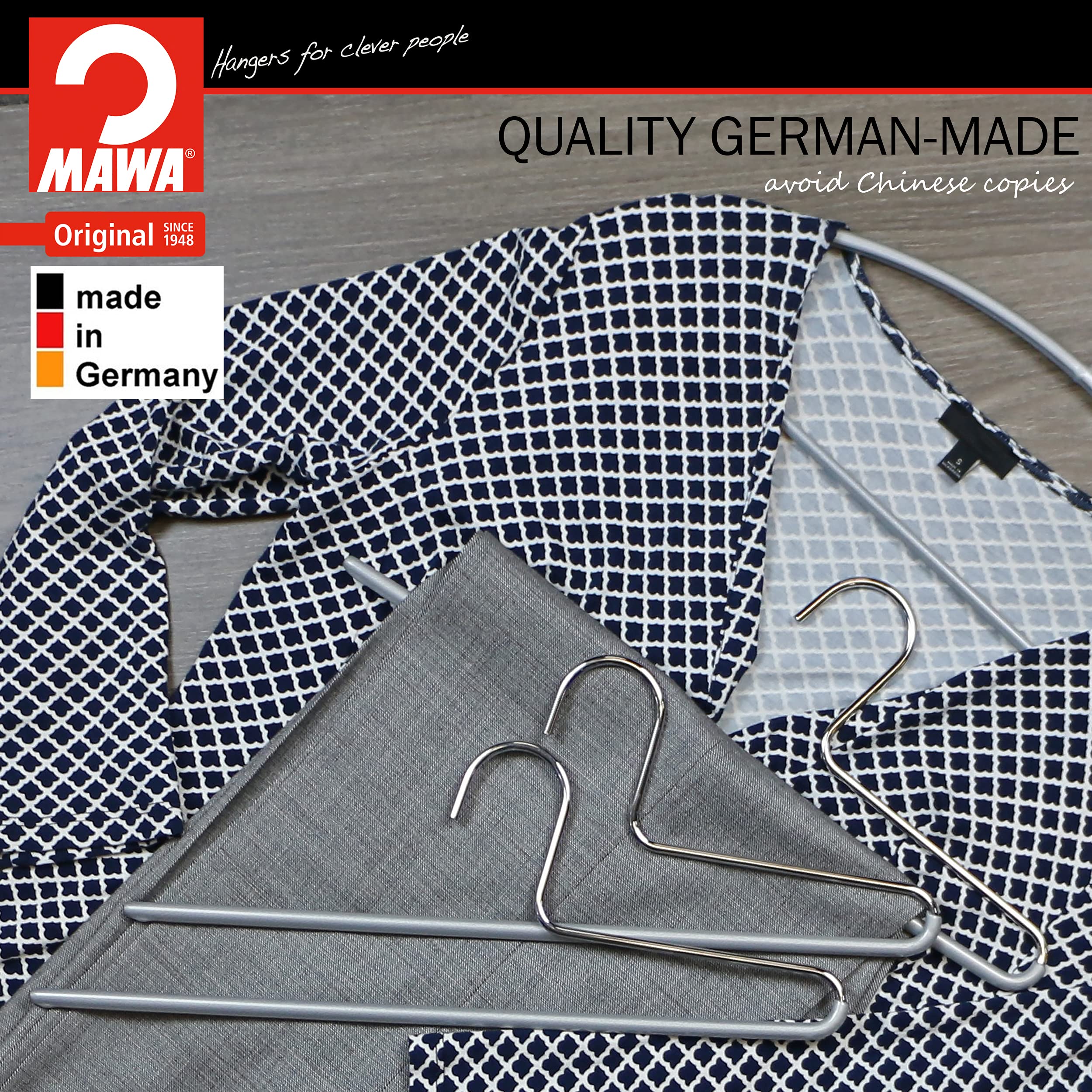 Mawa By Reston Lloyd Trouser Series Non-Slip Space-Saving Clothes Hanger With Single Rod For Pants, Style Kh/1, Set Of 4, Silver
