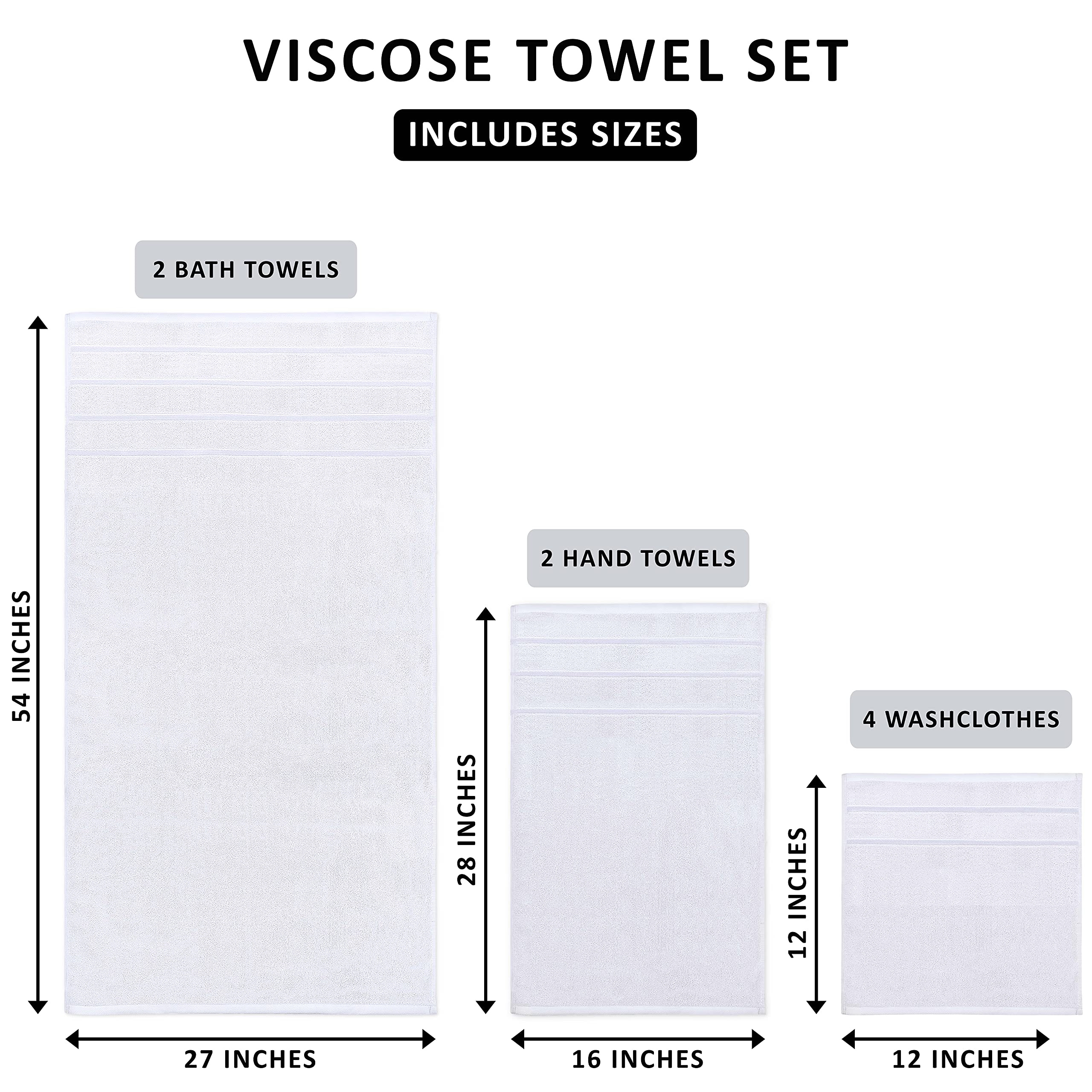 Utopia Towels 8-Piece Luxury Towel Set  2 Bath Towels  2 Hand Towels  and 4 Wash Cloths  600 GSM Ring Spun Cotton Highly Absorbent Viscose Stripe Towels Ideal for Everyday use (White)