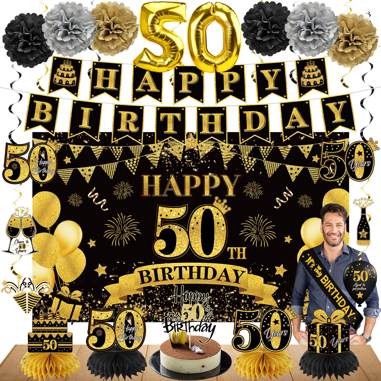 Eucutur 42Pcs 50Th Birthday Decoration Kit For Men Women, Black Gold Happy 50Th Bday Banner Balloons Honeycomb Centerpiece Swirl