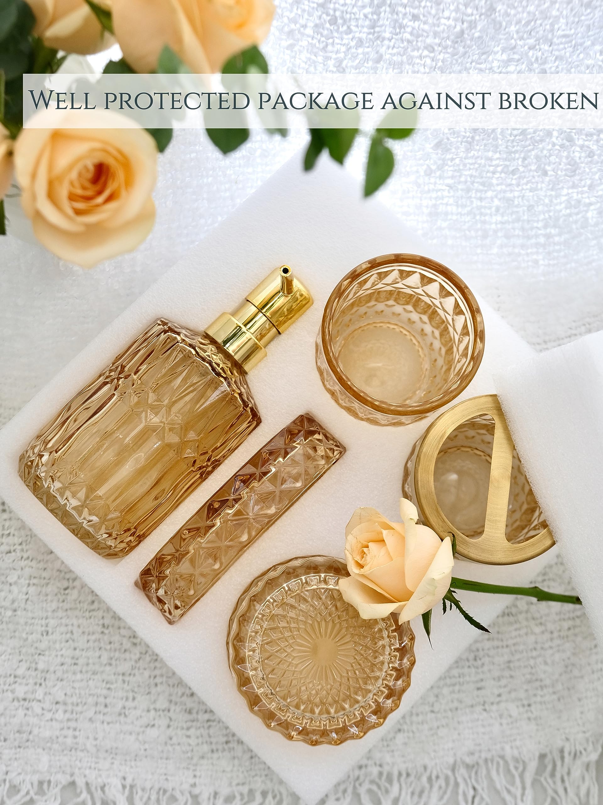 LaMarriti 5Pcs Clear Gold Glass Bathroom Accessory Complete Set  Lotion Dispenser  Soap Dish  Tumbler  Cotton Swab Jars  Toothbrush Holder Set Bathroom Decor and Gift Set  Golden  Yellow-Orange