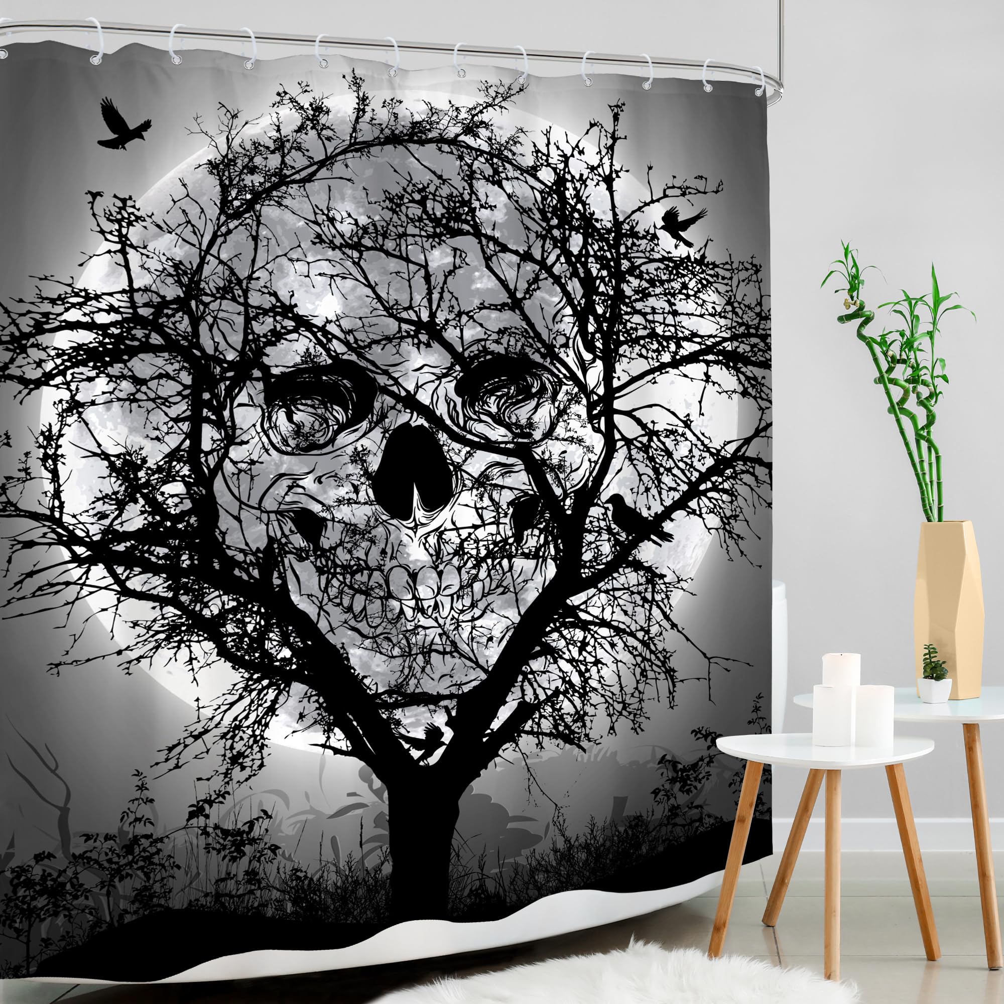 Mitpok Gothic Sugar Skull Shower Curtain 60Wx72H Spooky Skeleton Abstract Bone Cool Witchy Moon Scary Black Trees Bird Woodland