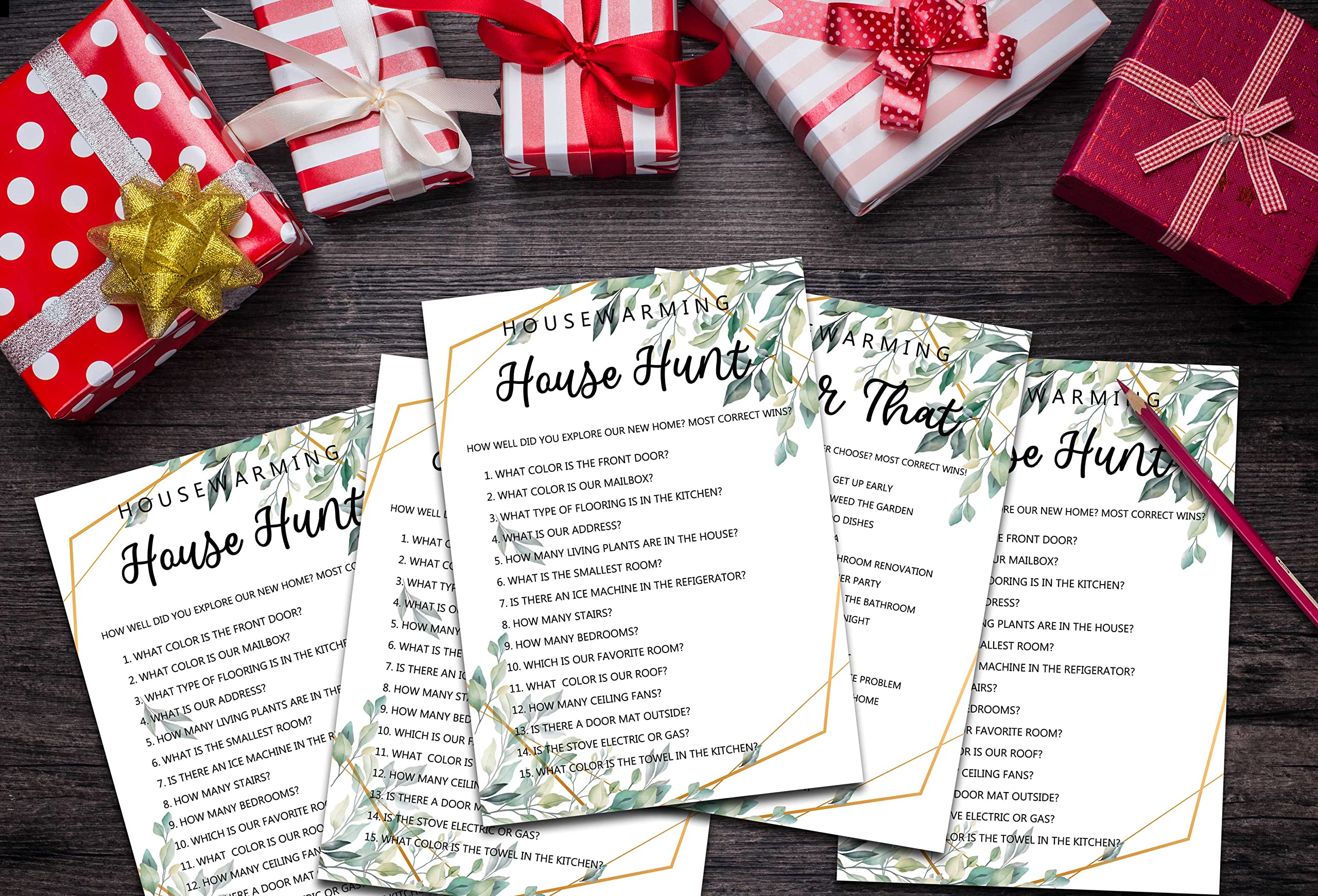 Housewarming Party Games, House Hunt, Greenery New Home, New House, New Homeowner Party Games Cards, 30 Sheets Each Pack