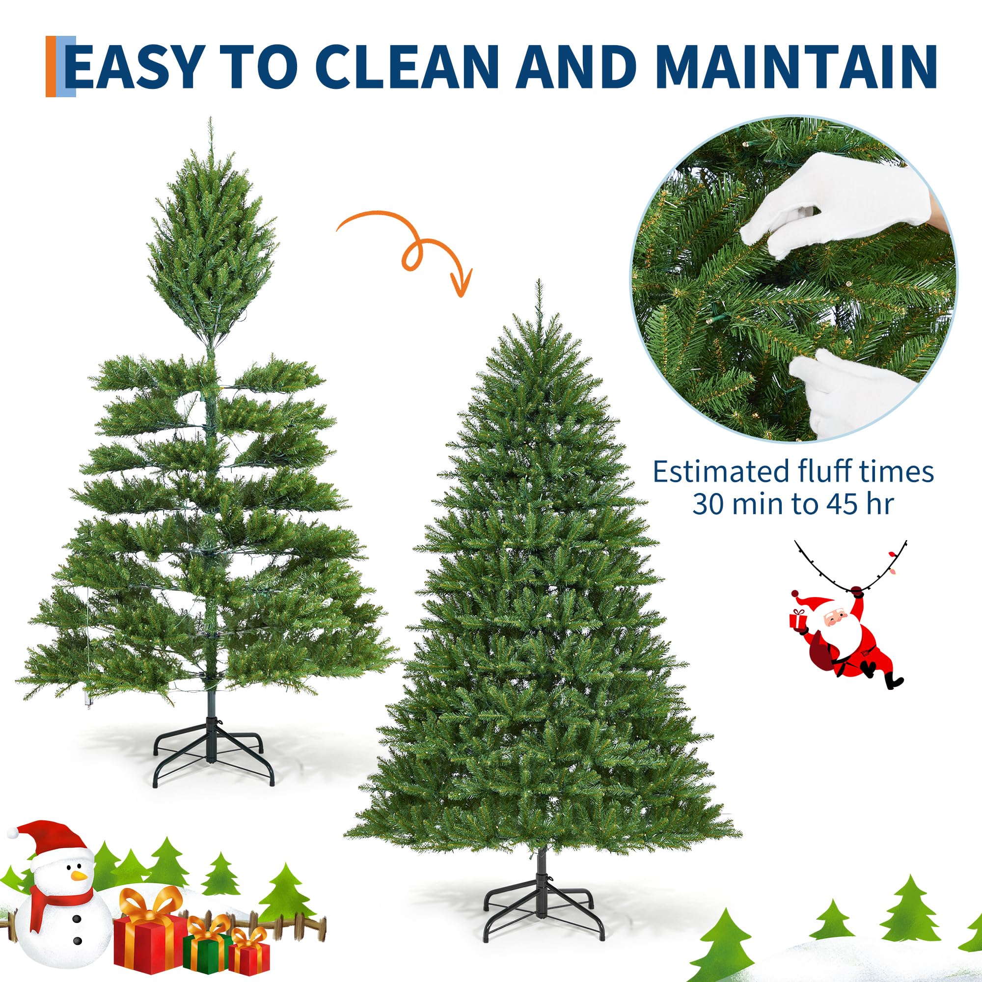 9FT Christmas Tree, Artificial Christmas Trees with 200 Lights, Prelit Christmas Tree with 8 Modes Lights, Foldable Stand, On/Of