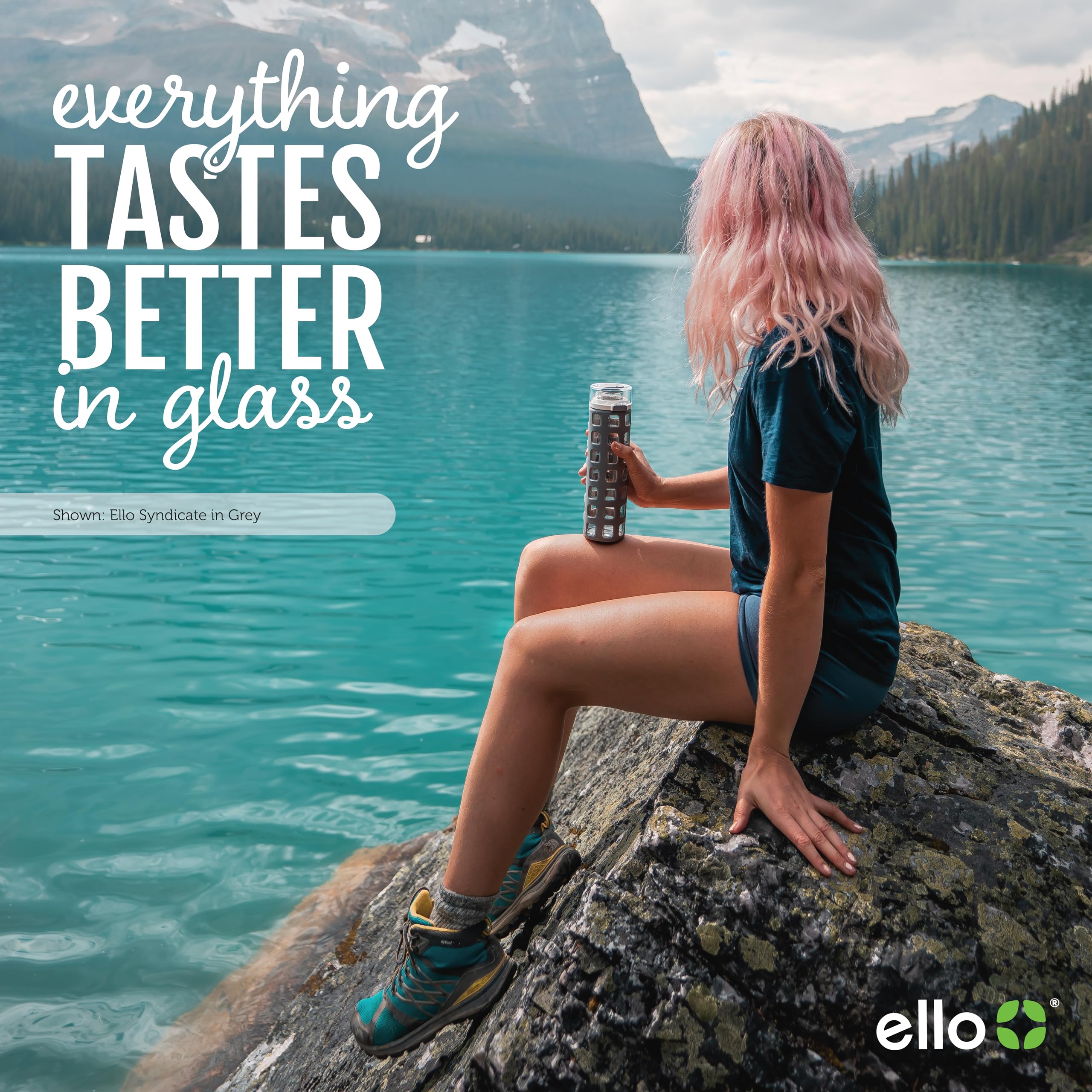 Ello Syndicate Glass Water Bottle with One-Touch Flip Lid  Grey   20-ounce