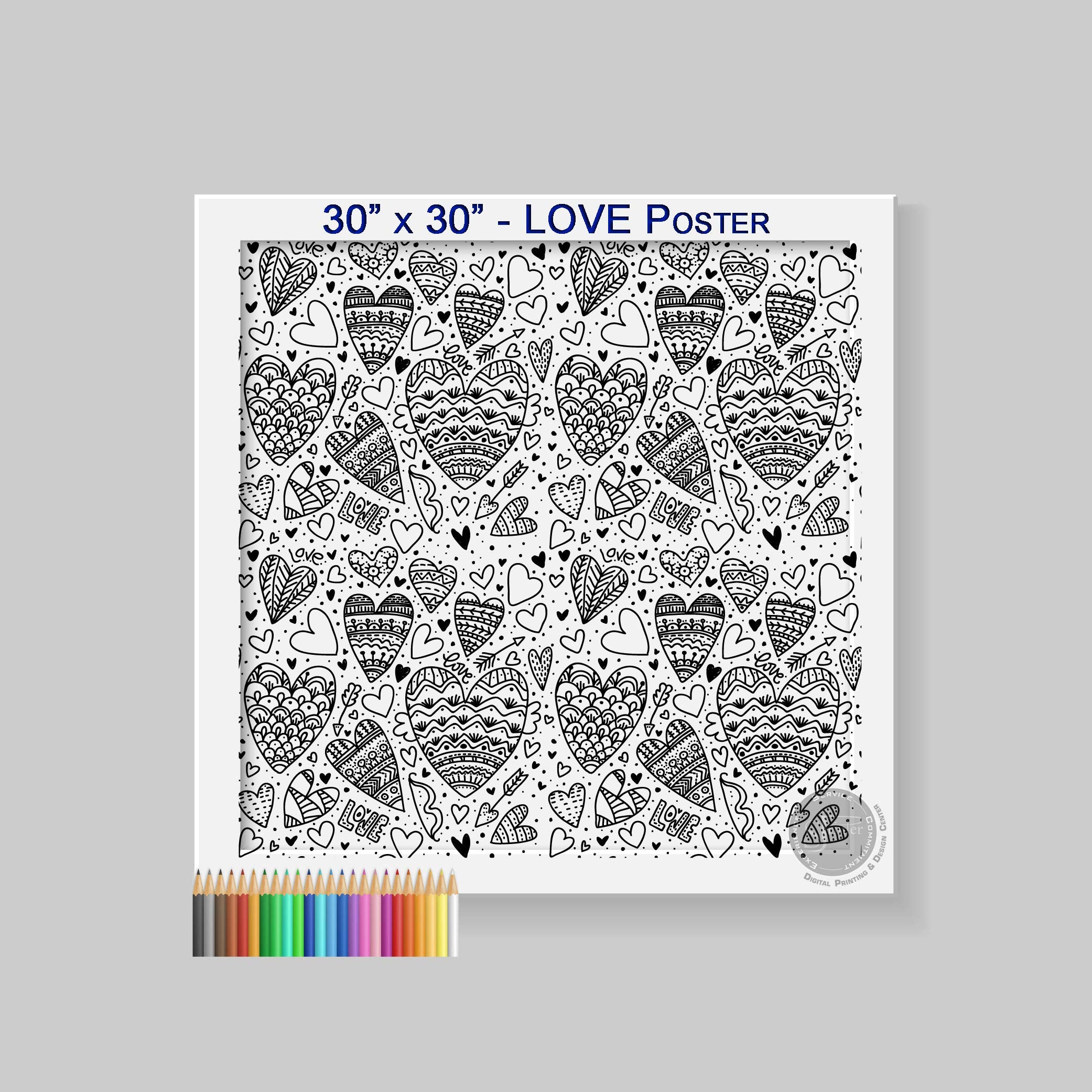 SJPRINTER Giant Coloring Poster for Kids and Adults - Great for Care Facilities  Schools  Group and Family Activities (Square Love  30'' x 30'')