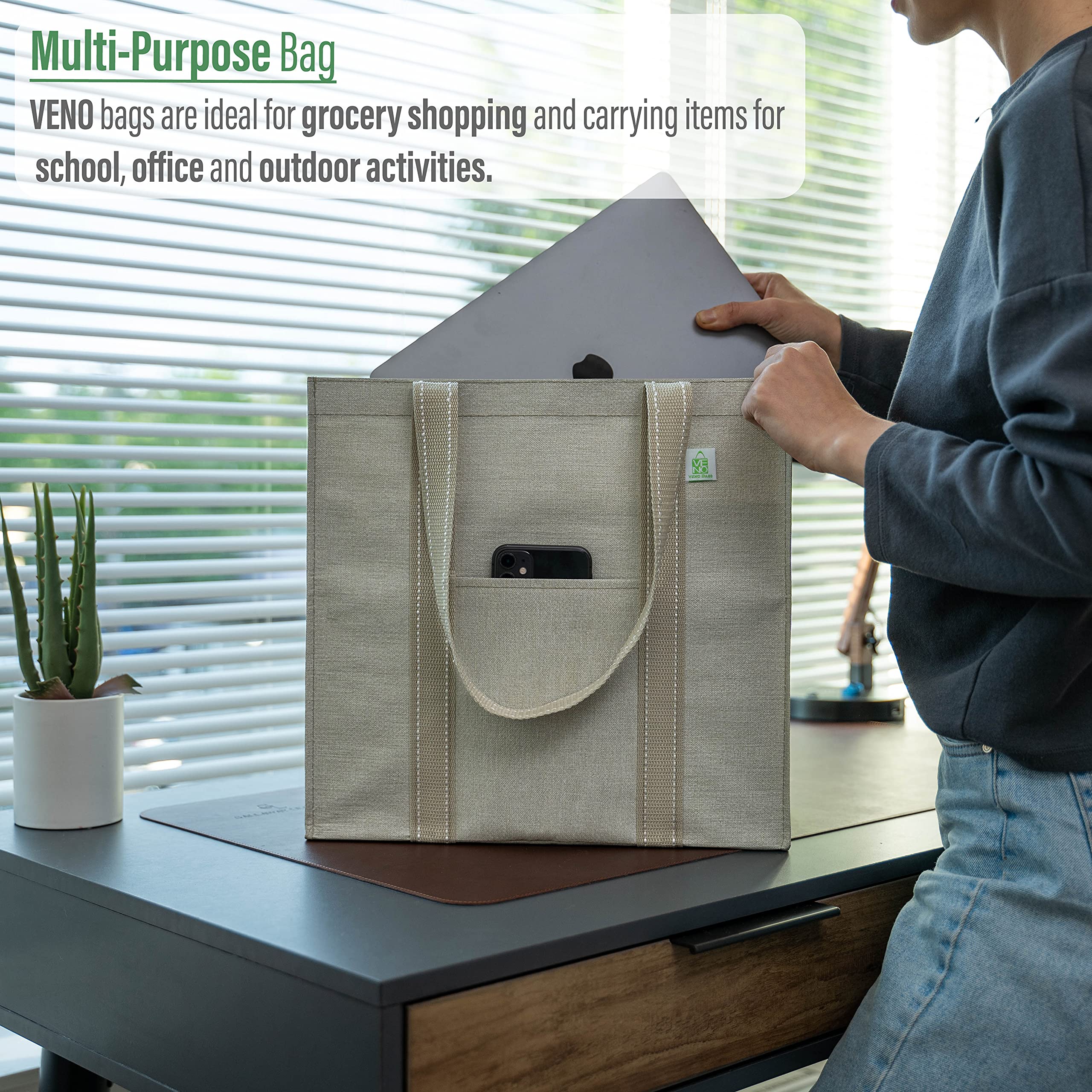 Veno 4 Pack Reusable Grocery Shopping Bag W/Hard Bottom, Foldable, Multi-Purpose Heavy-Duty Tote, Daily Utility Bag, Stands Upri
