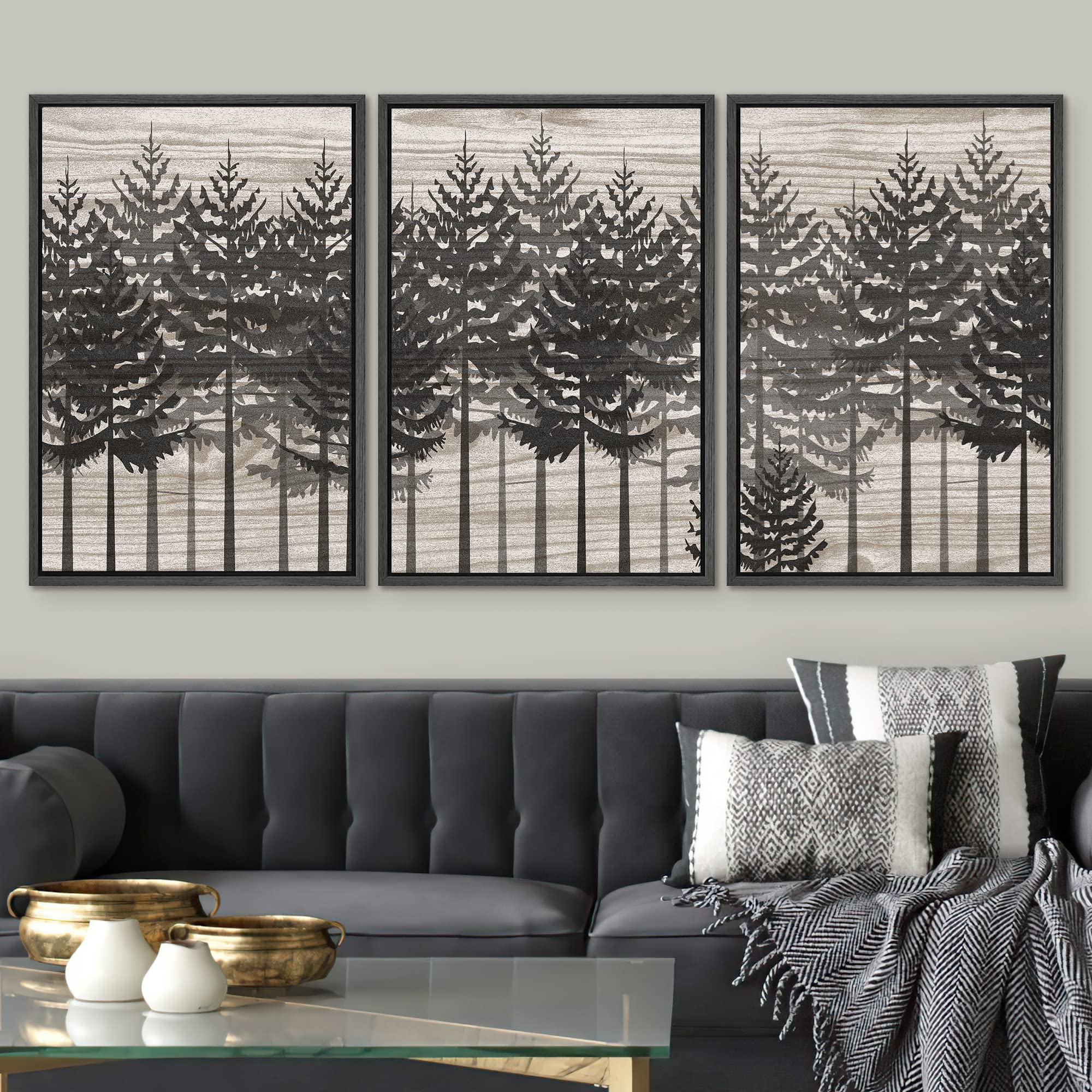 Signwin Framed Canvas Print Wall Art Set Dark Pine Tree Forest Silhouette Collage Nature Wilderness Wood Panels Modern Art Relax