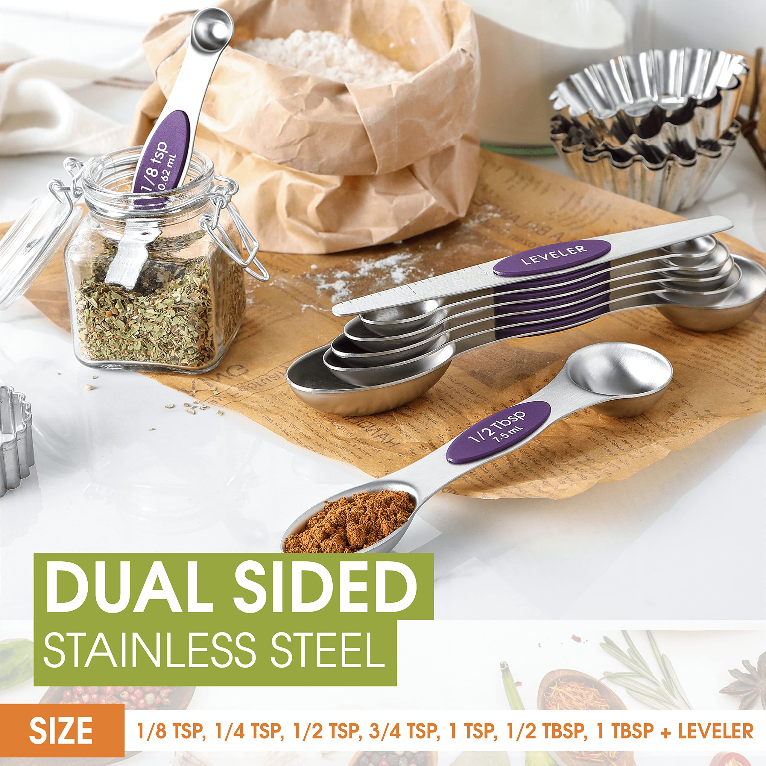 Spring Chef Magnetic Measuring Spoons Set, Dual Sided, Stainless Steel, Fits In Spice Jars, Purple, Set Of 8, 2 Pack