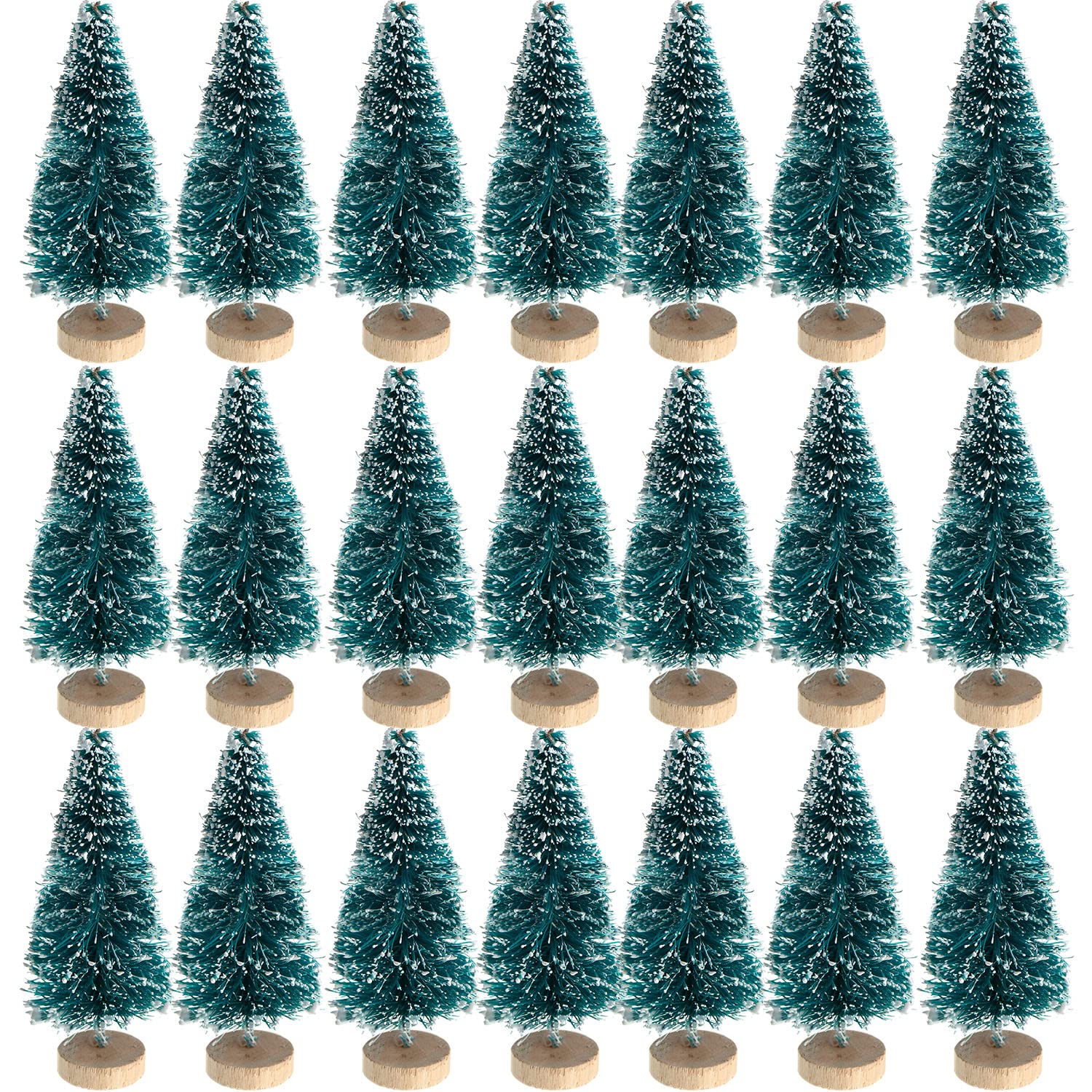 Sumind 48 Pieces Mini Christmas Trees Bottle Brush Trees Plastic Artificial Winter Sisal Mini Pine with Wooden Base Snow Frost T
