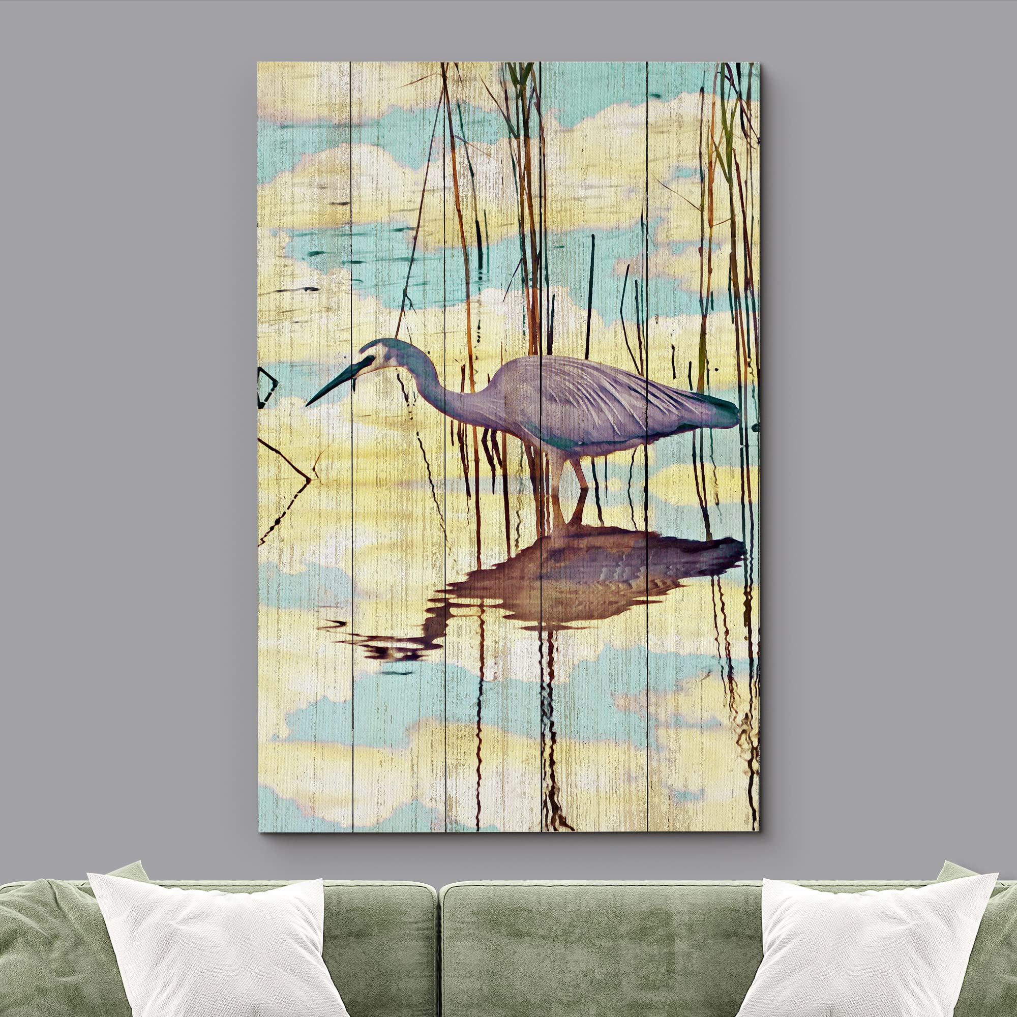 Wall26 Canvas Print Wall Art Pastel Blue Cloud Sky Crane Bird Swamp Nature Wilderness Illustrations Modern Art Decorative Multic