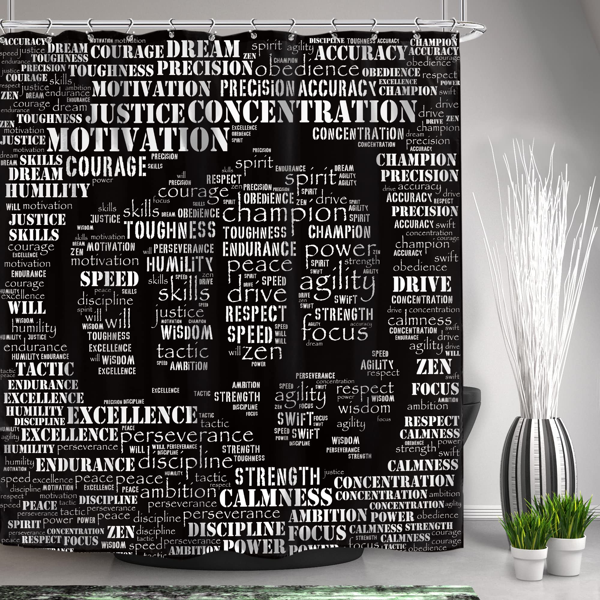 Svbright Mens Motivational Quotes Shower Curtain For Man Black White Inspirational Words Kickboxing 60Wx72L Inch Essence Of Figh