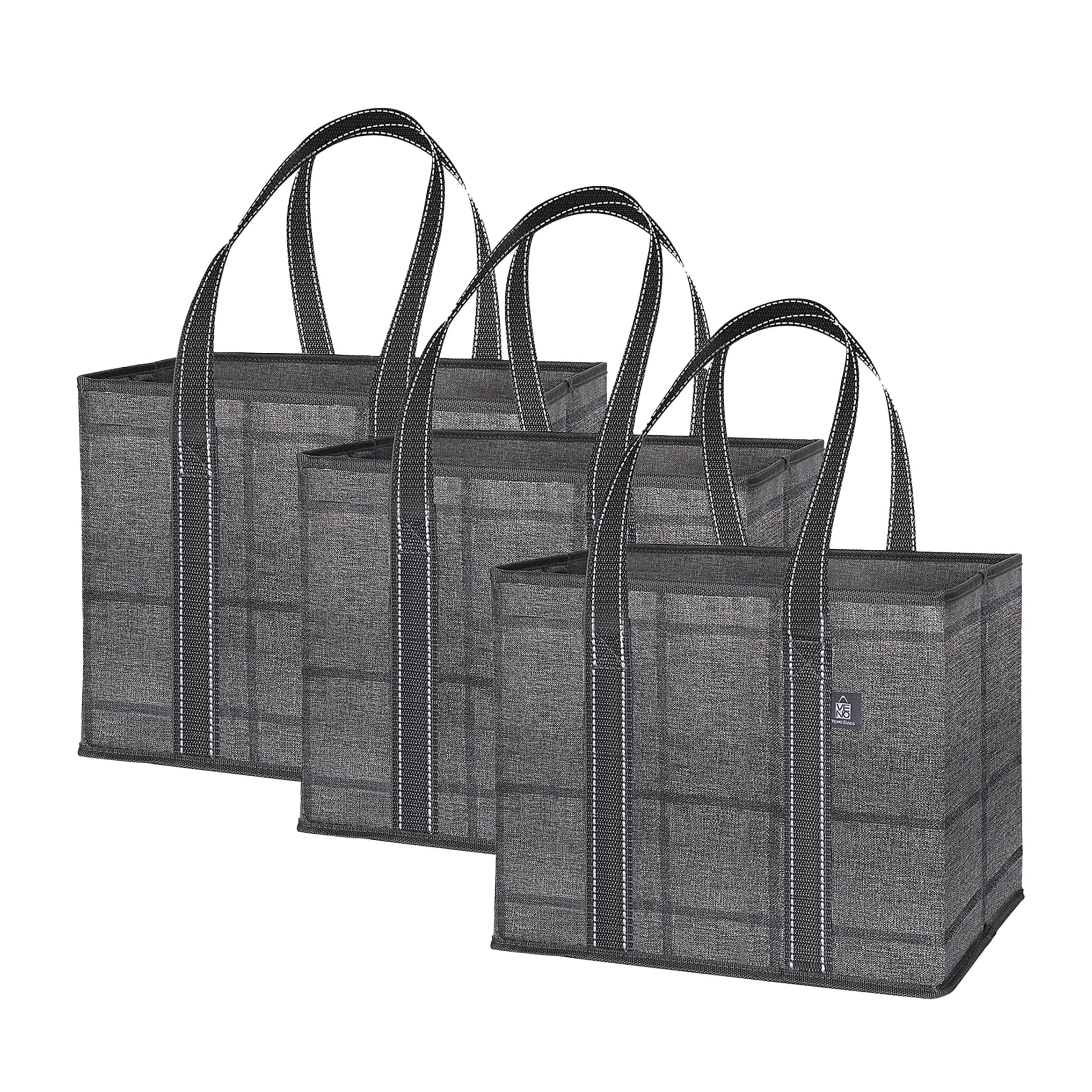 VENO 3 Pack Reusable Grocery Bags, Shopping Bags for groceries, Utility Tote with Handles and Hard Bottom, Foldable Shopping Car