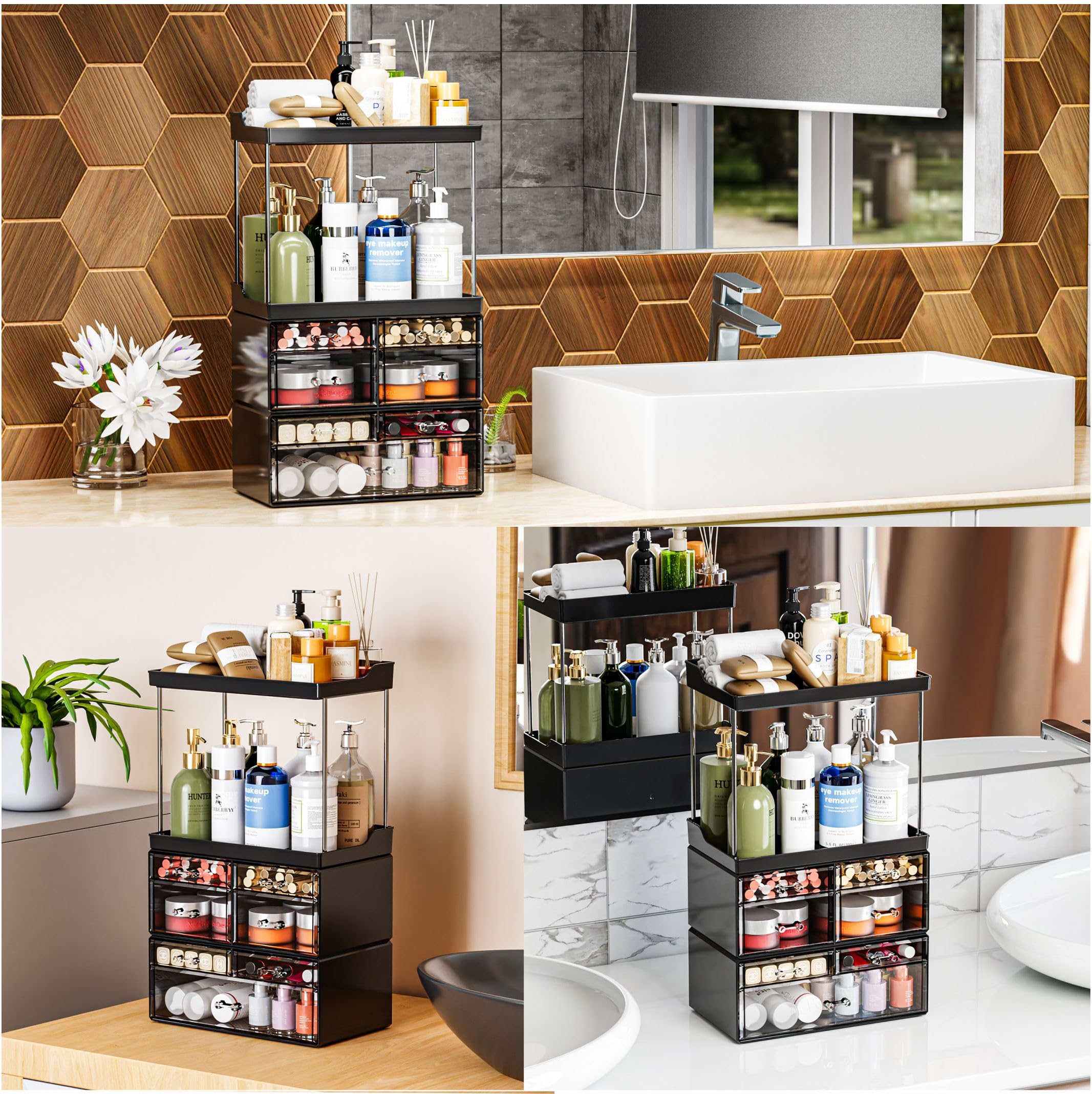 3 Pack Bathroom Organizers And Storage Countertop With 7 Drawers,Stackable Vanity Drawer Organizer For Makeup,18.9'' Tall Large