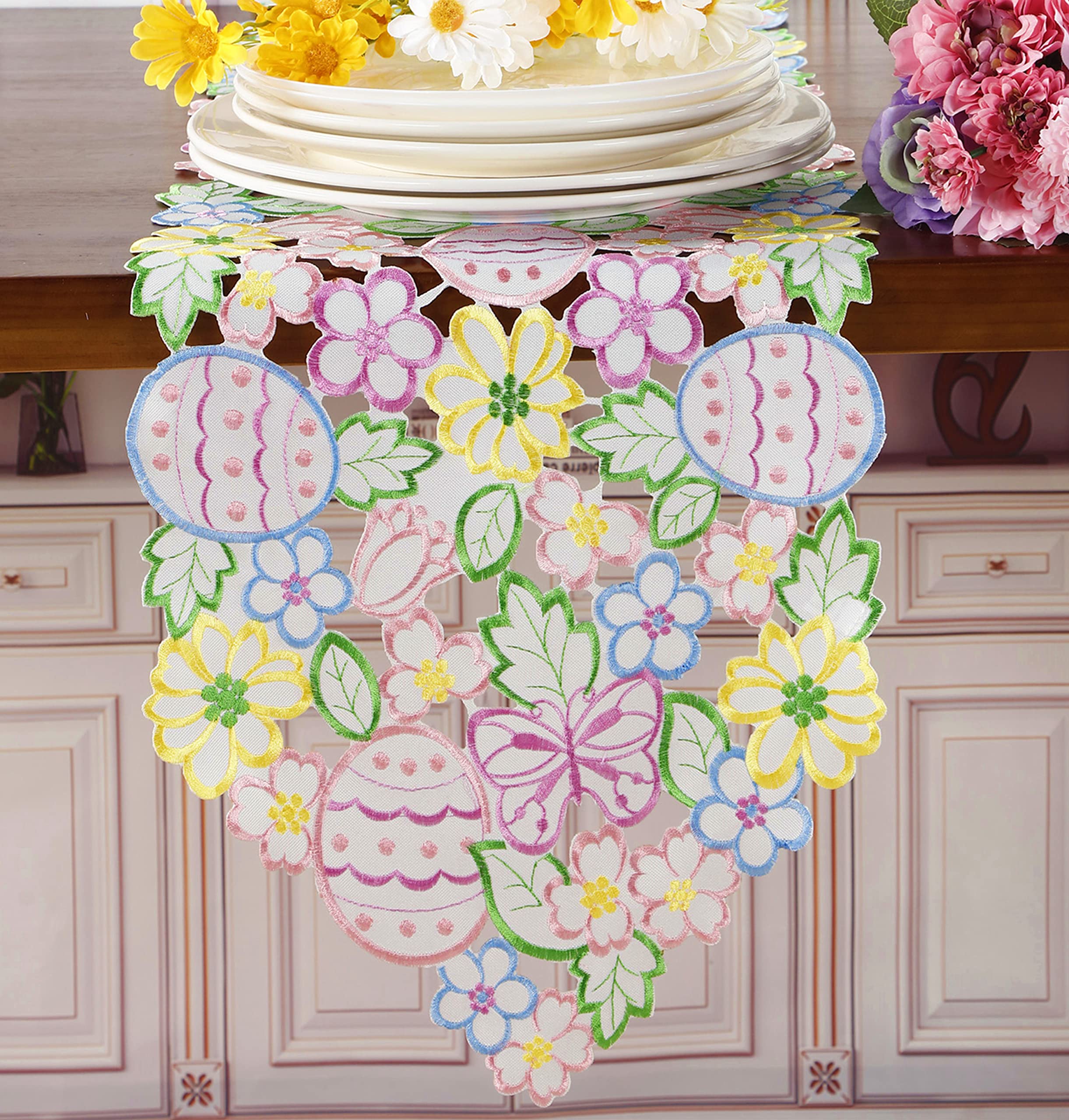 Easter Spring Table Runner 13''  68'' Cutwork Embroidered Eggs Flowery Floral Eggs Dresser Scarf For Home Kitchen Dining Spring