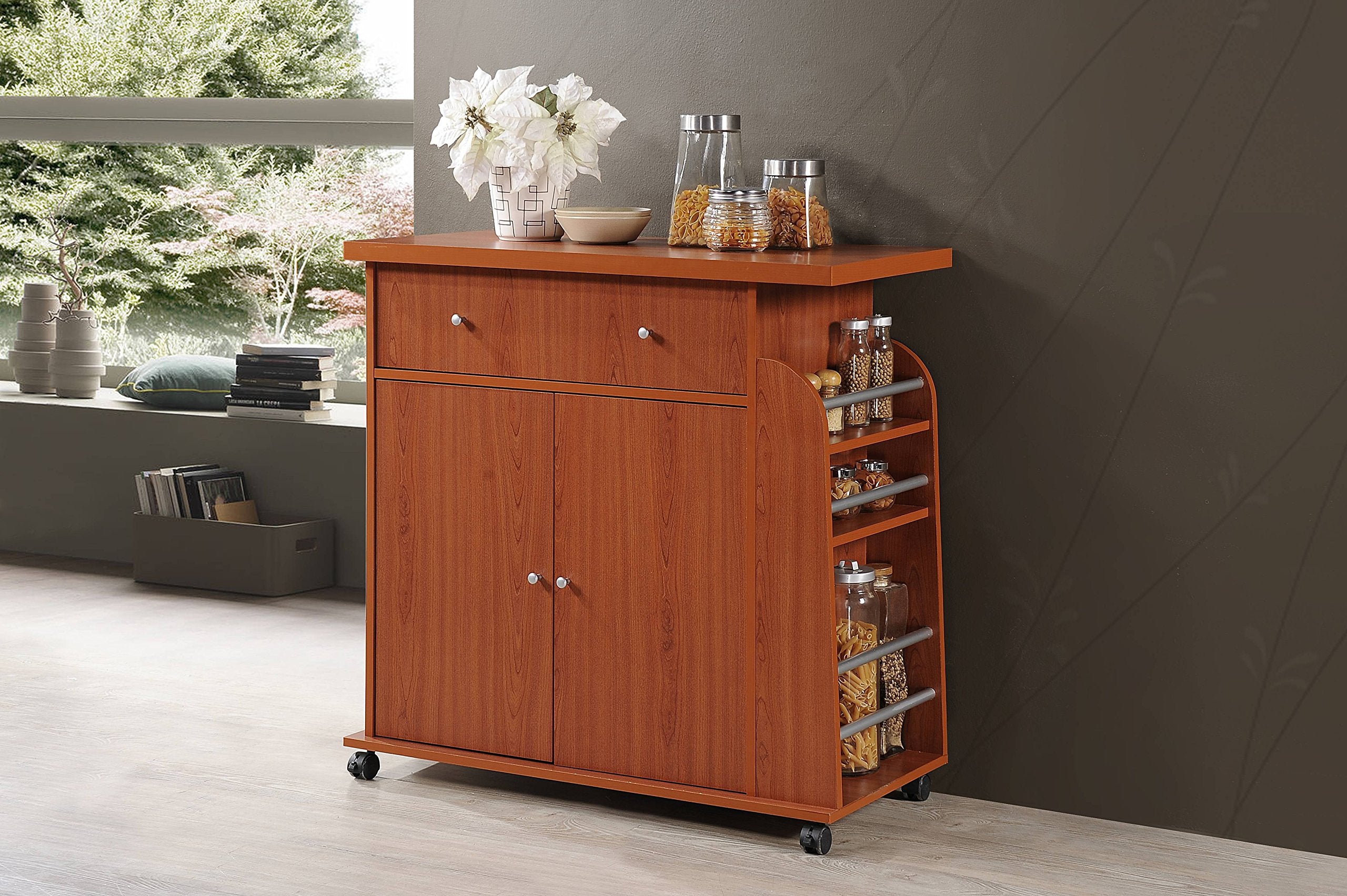 Hodedah Kitchen Cart with Spice Rack in Cherry