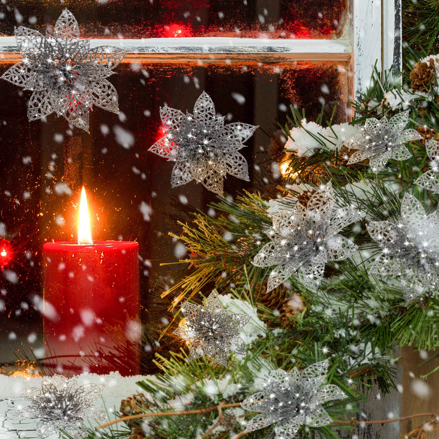 WILLBOND 36 Pieces Christmas Poinsettia Flowers Artificial Christmas Tree Ornaments Glitter Poinsettia for Tree Wedding New Year