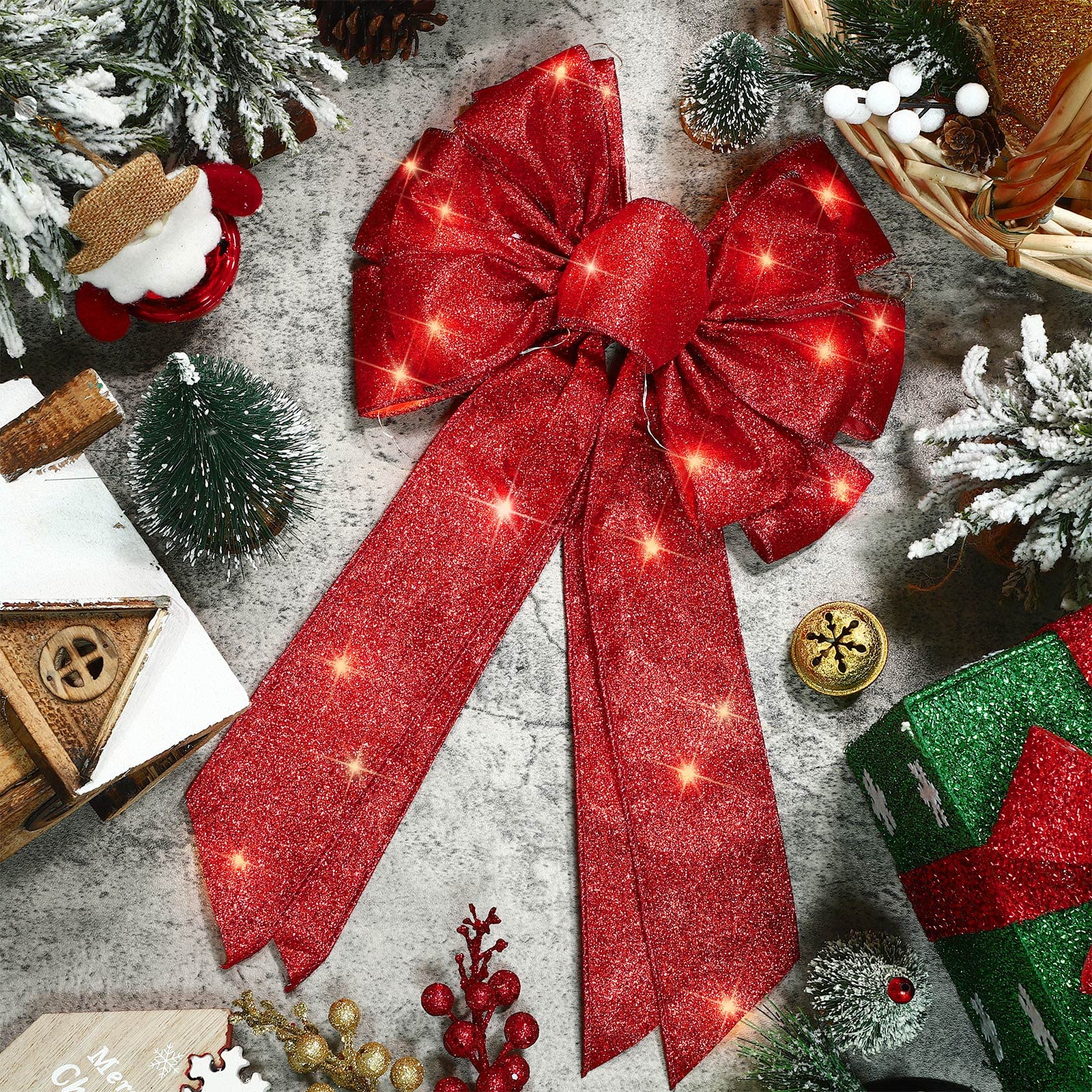 Giegxin 2 Pcs Large Red Lighted Christmas Bows with Lights for Wreath and Tree Topper, 18x F10 Inch Pre Lit Red Wreath Bow Light