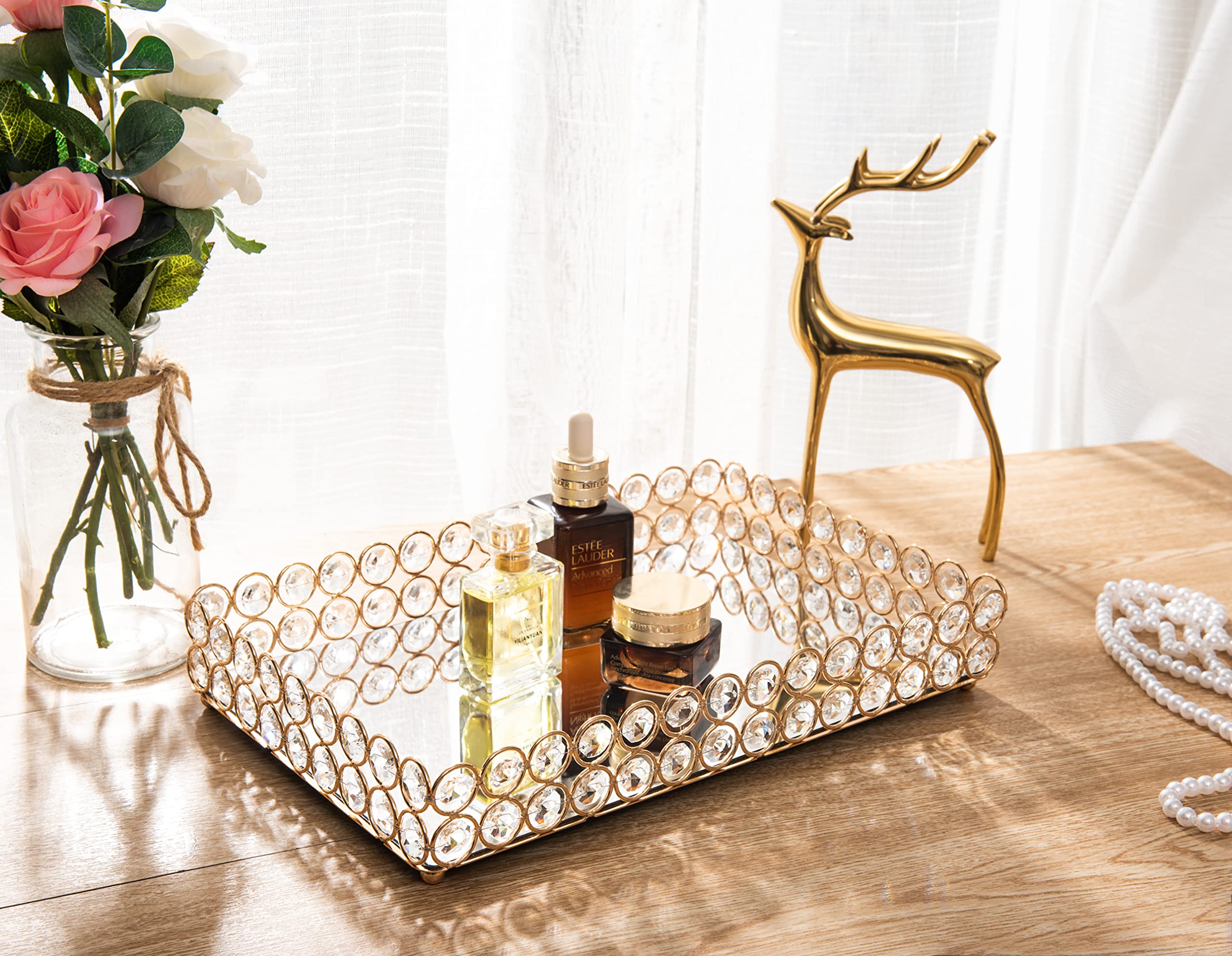 Feyarl Mirrored Crystal Vanity Makeup Tray Ornate Jewelry Trinket Tray Organizer Cosmetic Perfume Bottle Tray Decorative Tray Ho