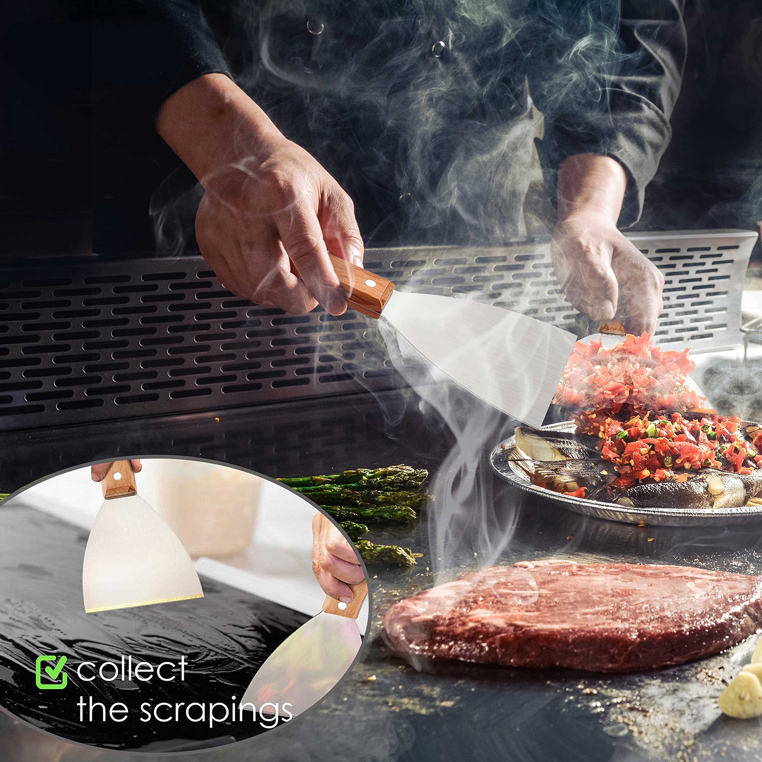 Leonyo Grill Griddle Scraper Set Of 2, Stainless Steel Metal Grill Scraper Tool For Flat Top Teppanyaki Bbq, Versatile Scraper F